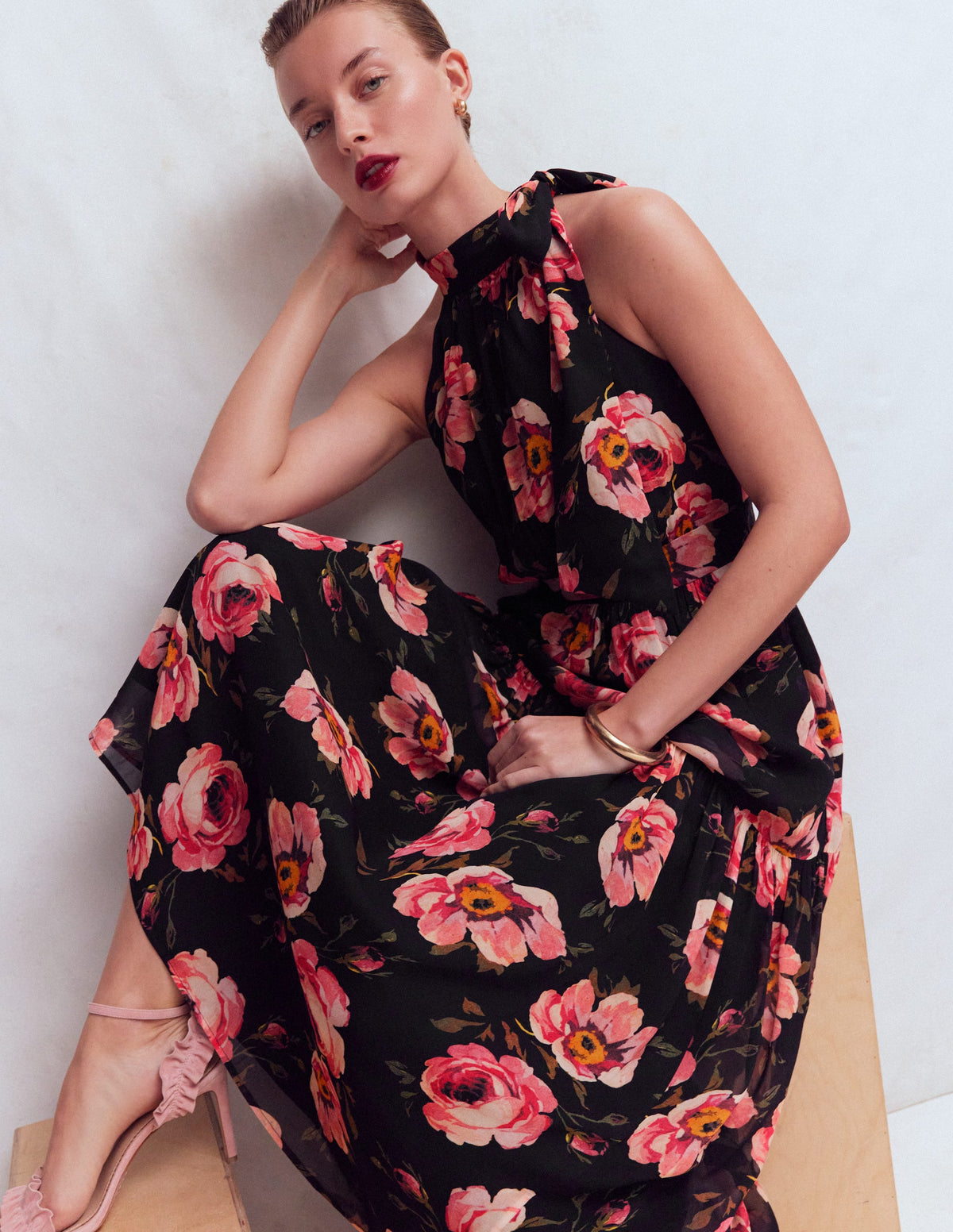 Roisin Tie Neck Maxi Dress-Black Whimsical Roses - Image 1