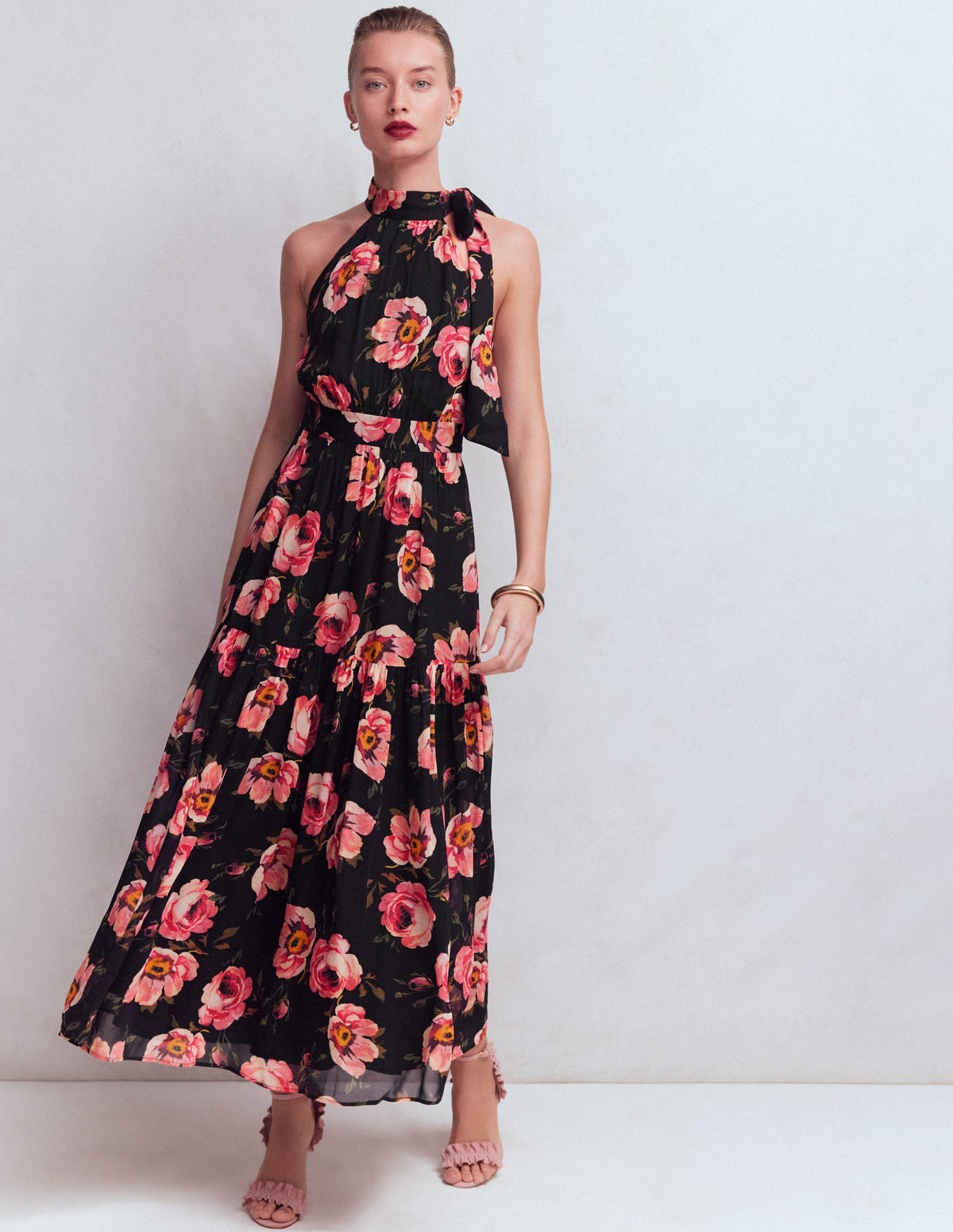 Roisin Tie Neck Maxi Dress-Black Whimsical Roses - Image 4