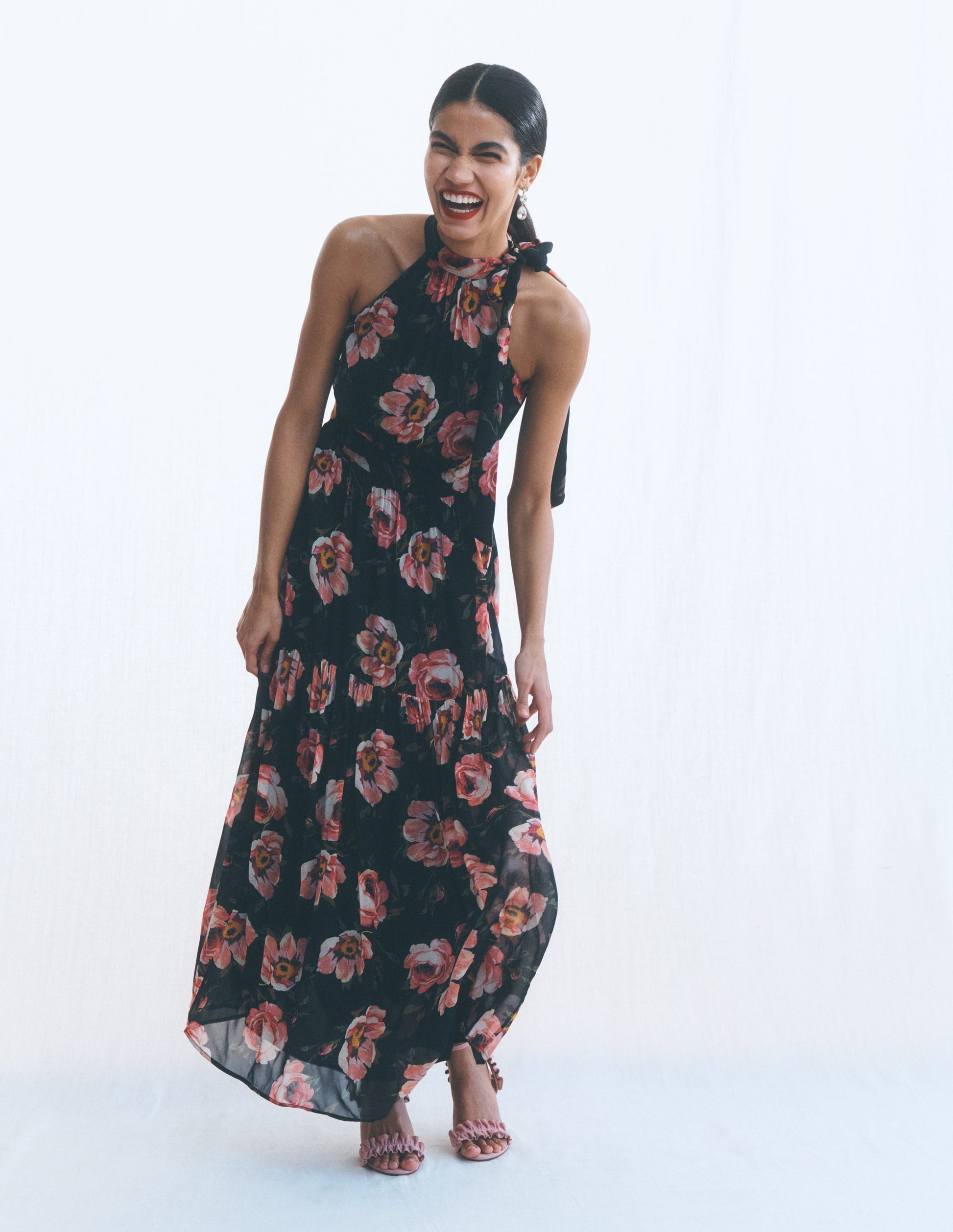 Roisin Tie Neck Maxi Dress-Black Whimsical Roses-7