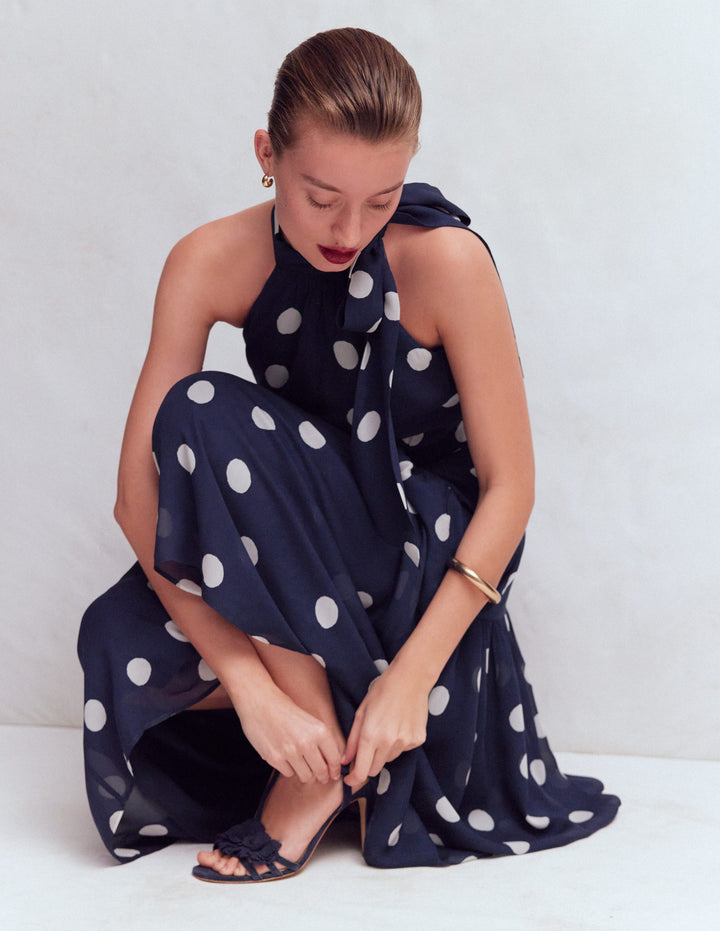Roisin Tie Neck Maxi Dress-Navy Painted Dot Spaced
