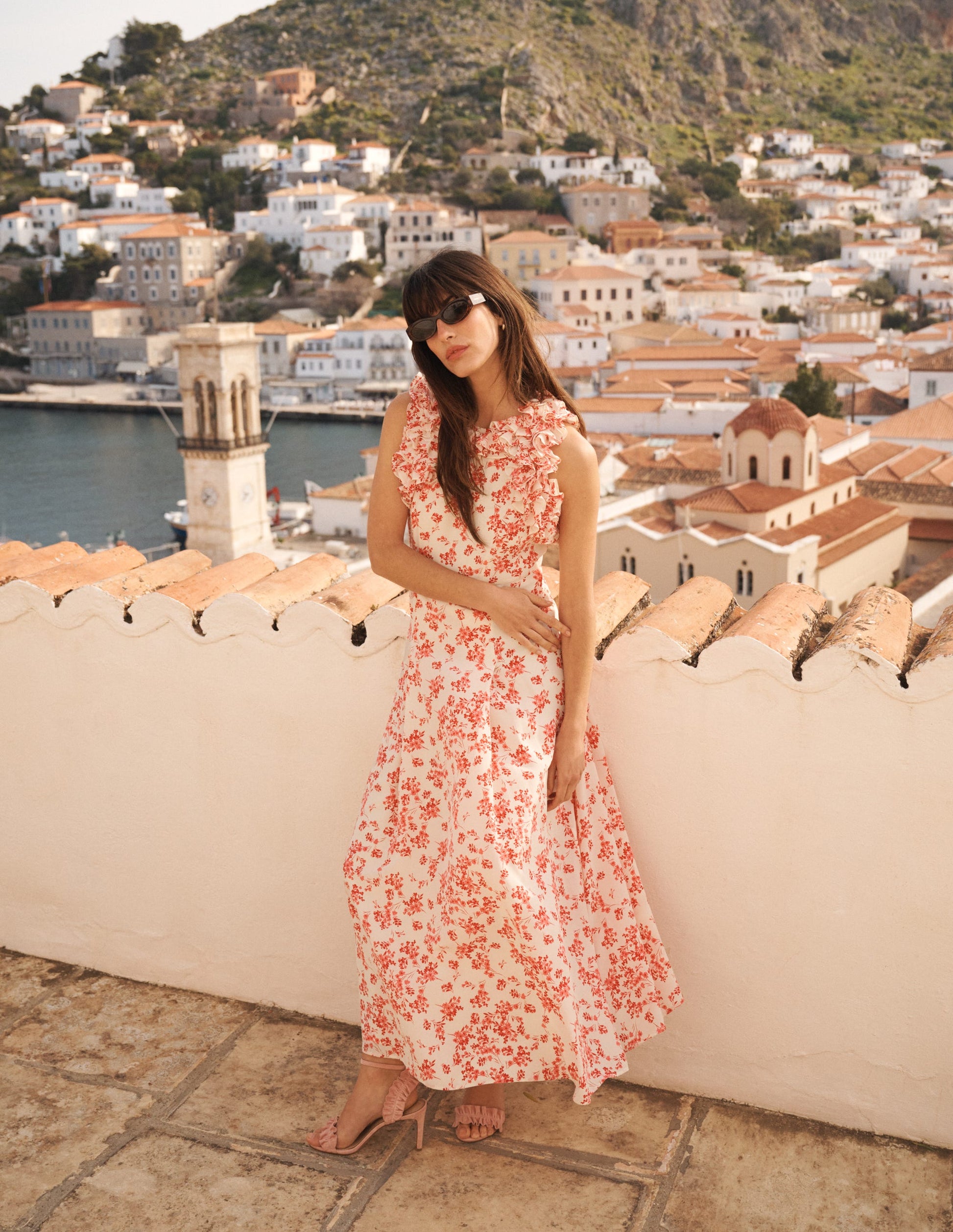 Ruffle Silk Midi Dress-Pink Bloom Scatter Mono-6