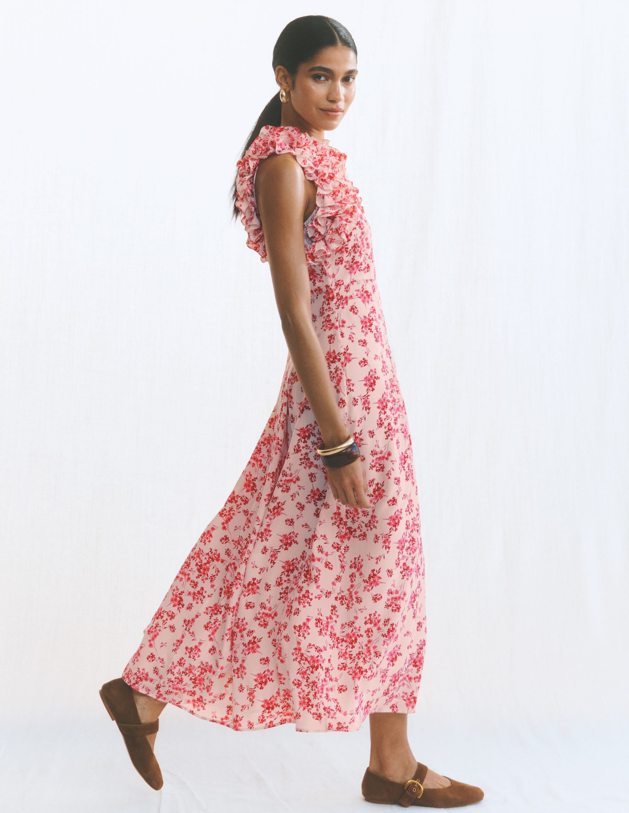 Ruffle Silk Midi Dress-Pink Bloom Scatter Mono - Image 7