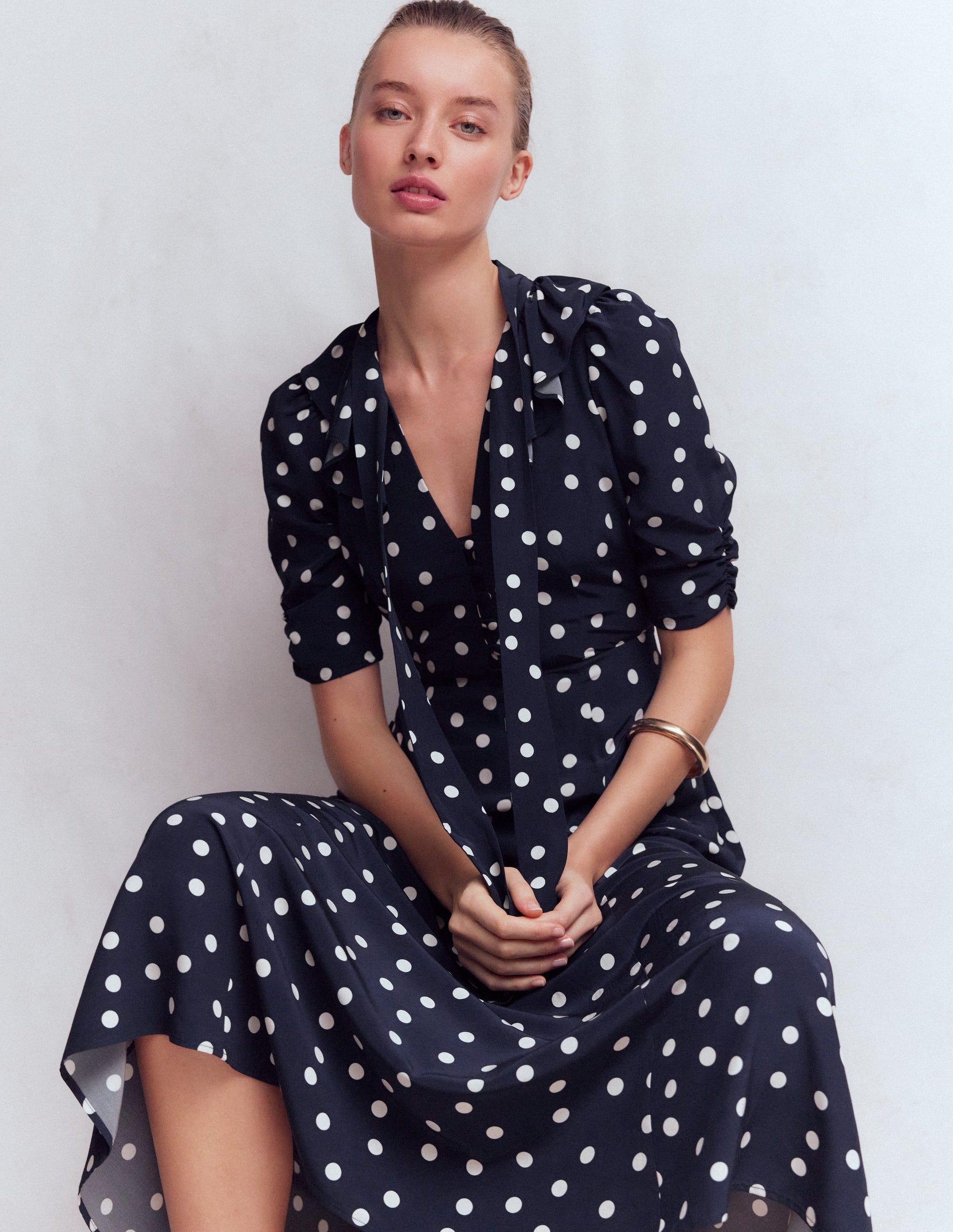 Ruffle Collar Midi Dress-French Navy Painted Spaced Dot-2