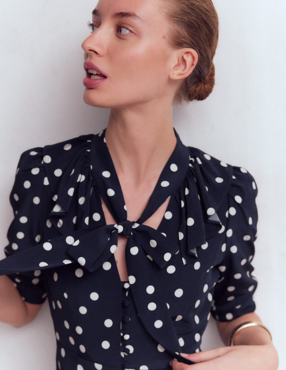 Ruffle Collar Midi Dress-French Navy Painted Spaced Dot - Image 2