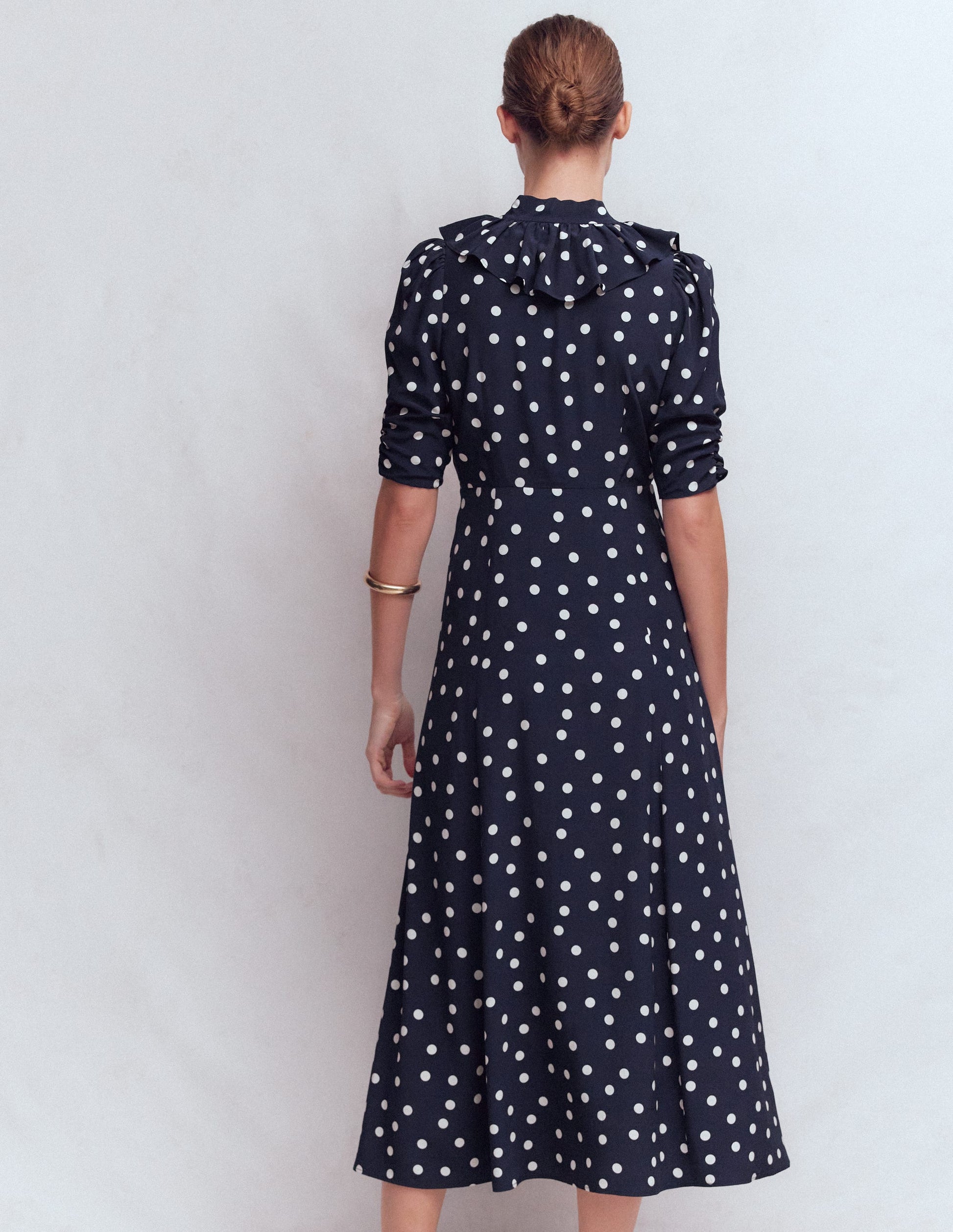Ruffle Collar Midi Dress-French Navy Painted Spaced Dot-4