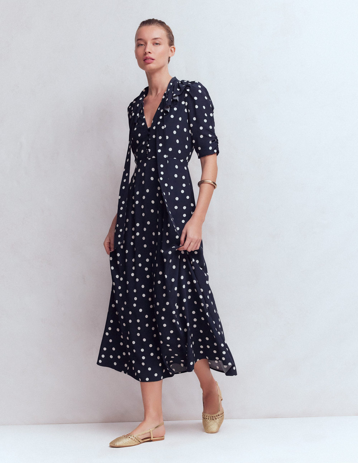 Ruffle Collar Midi Dress-French Navy Painted Spaced Dot - Image 4