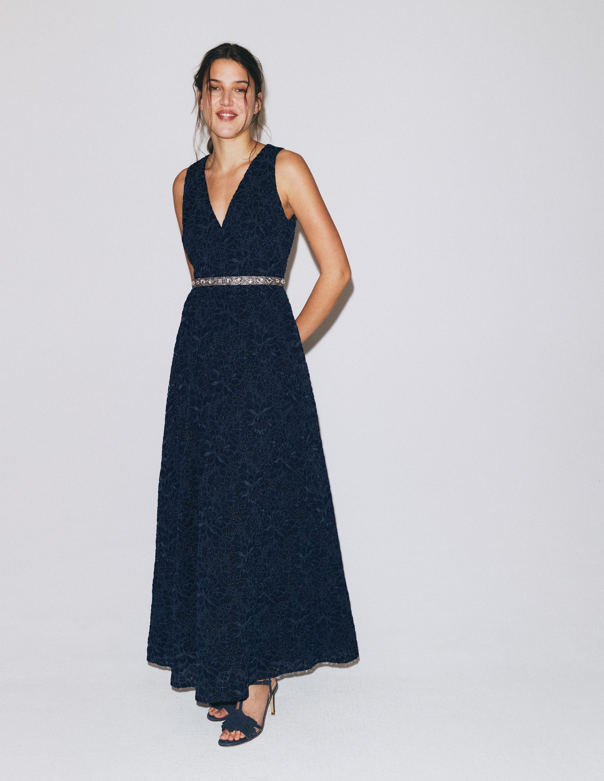 Lace Plunge Neck Panel Dress-Navy-6
