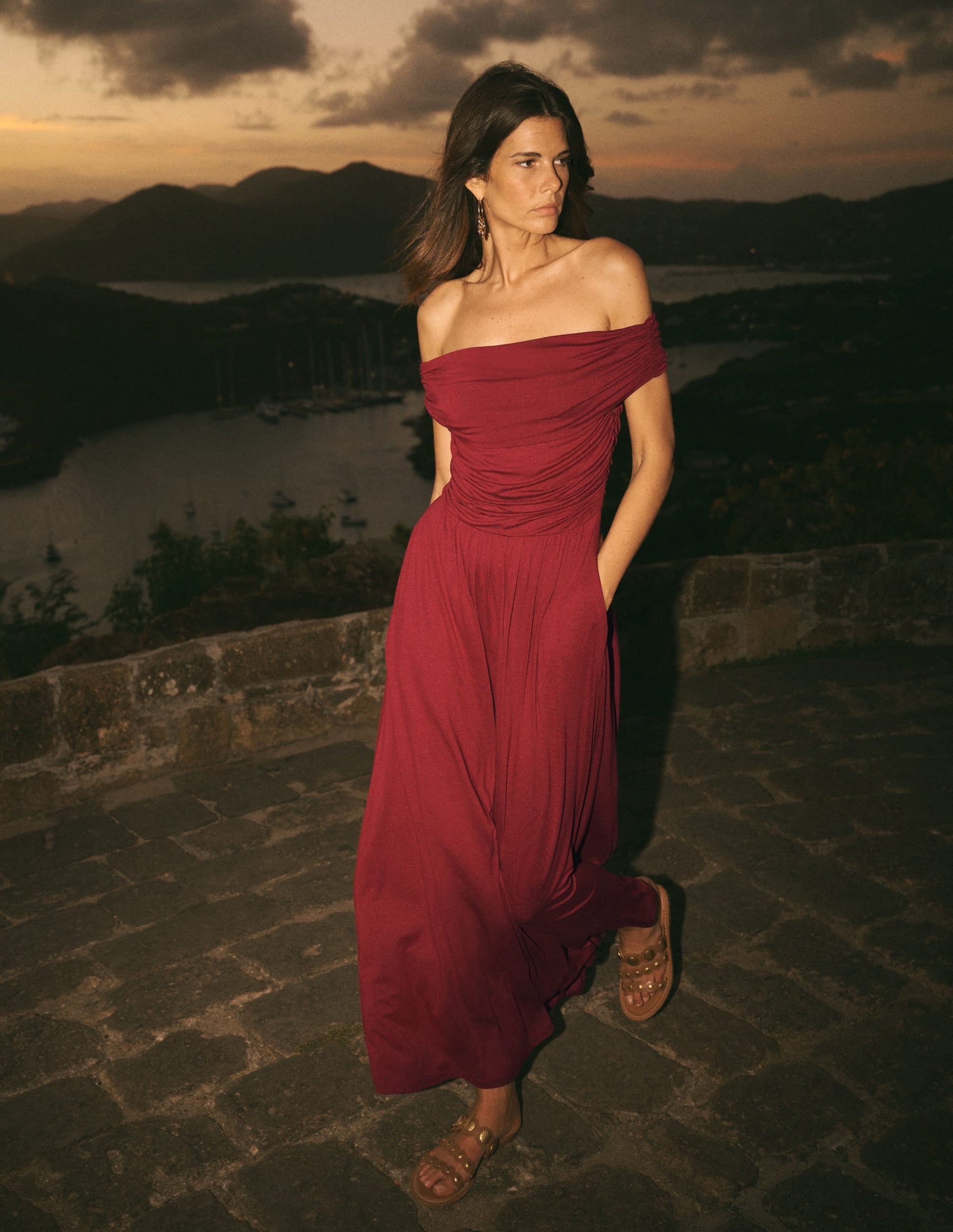 Ruched Bardot Maxi Dress-Burgundy-1