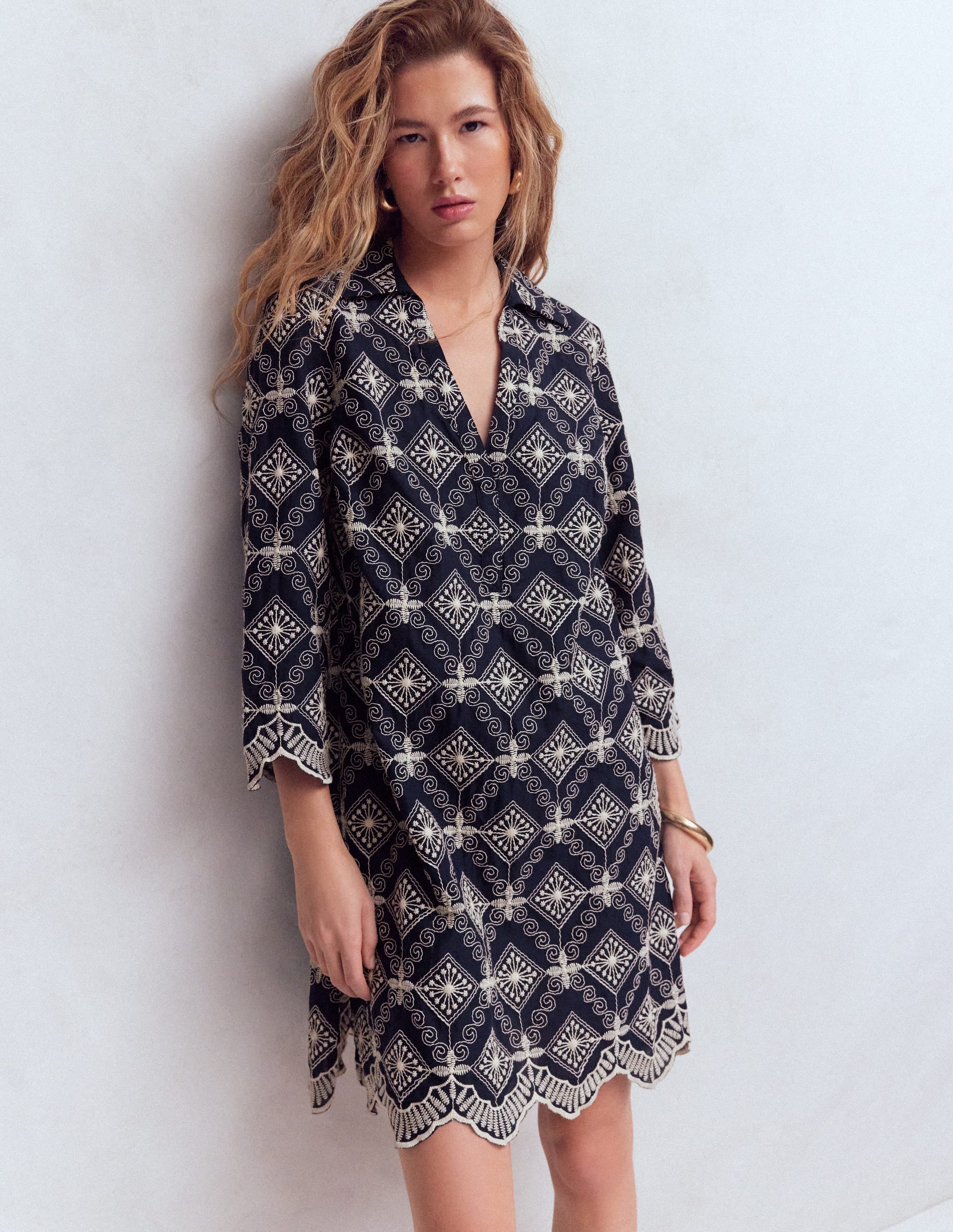 Carmen Broderie Short Dress-Navy Broderie - Image 1