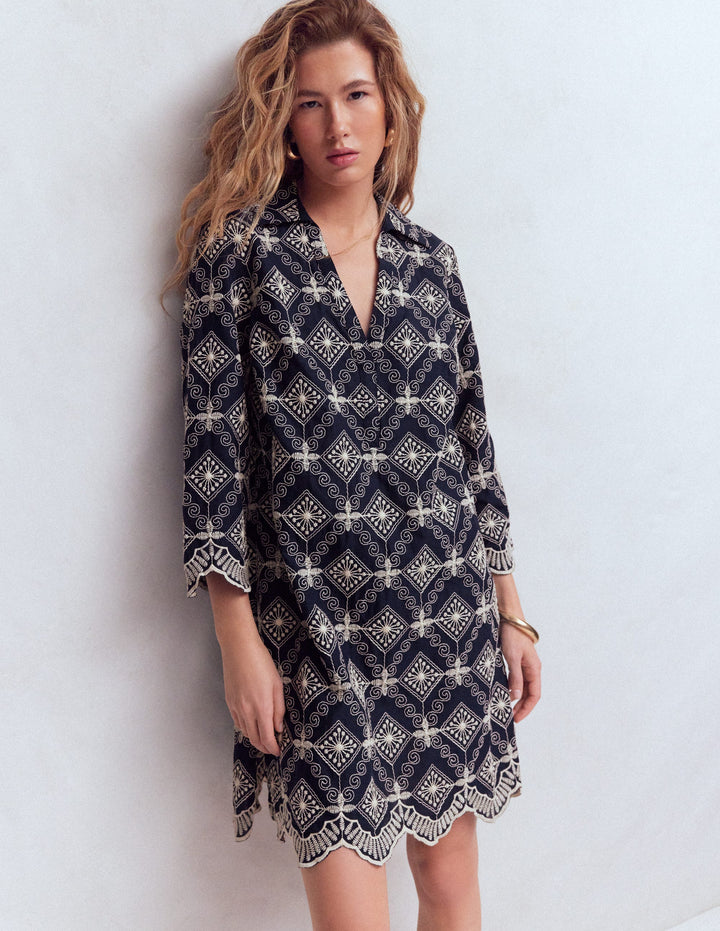 Carmen Broderie Short Dress-Navy Broderie