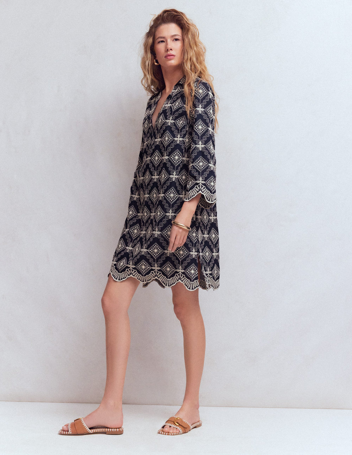 Carmen Broderie Short Dress-Navy Broderie - Image 4