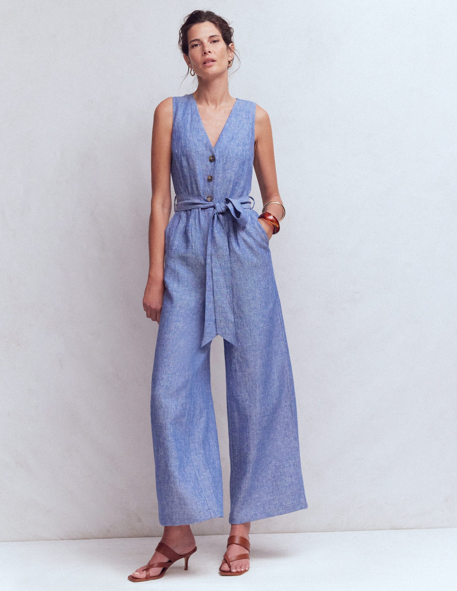 Laura V-neck Linen Jumpsuit-Authentic Blue Chambray-1