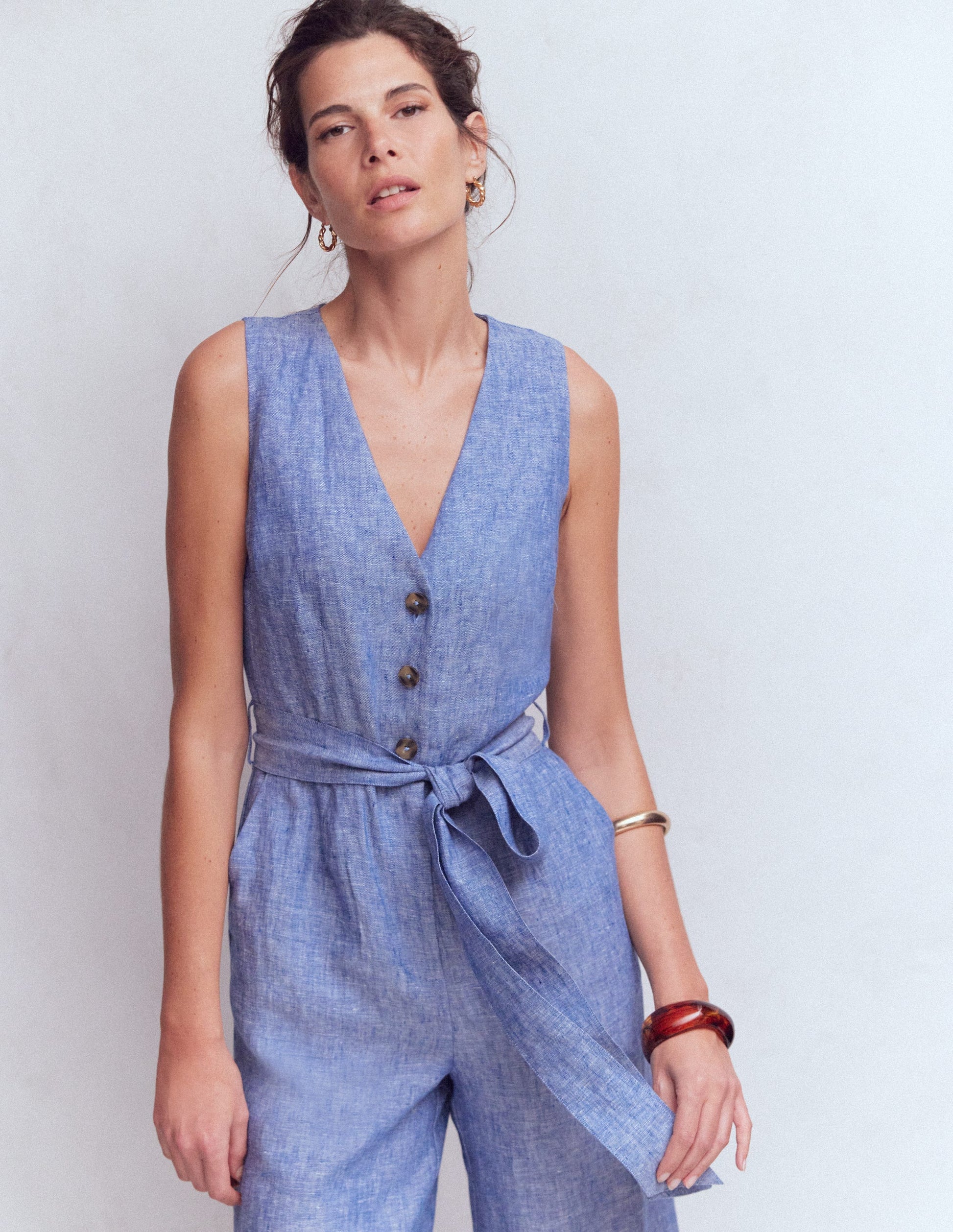 Laura V-neck Linen Jumpsuit-Authentic Blue Chambray-4