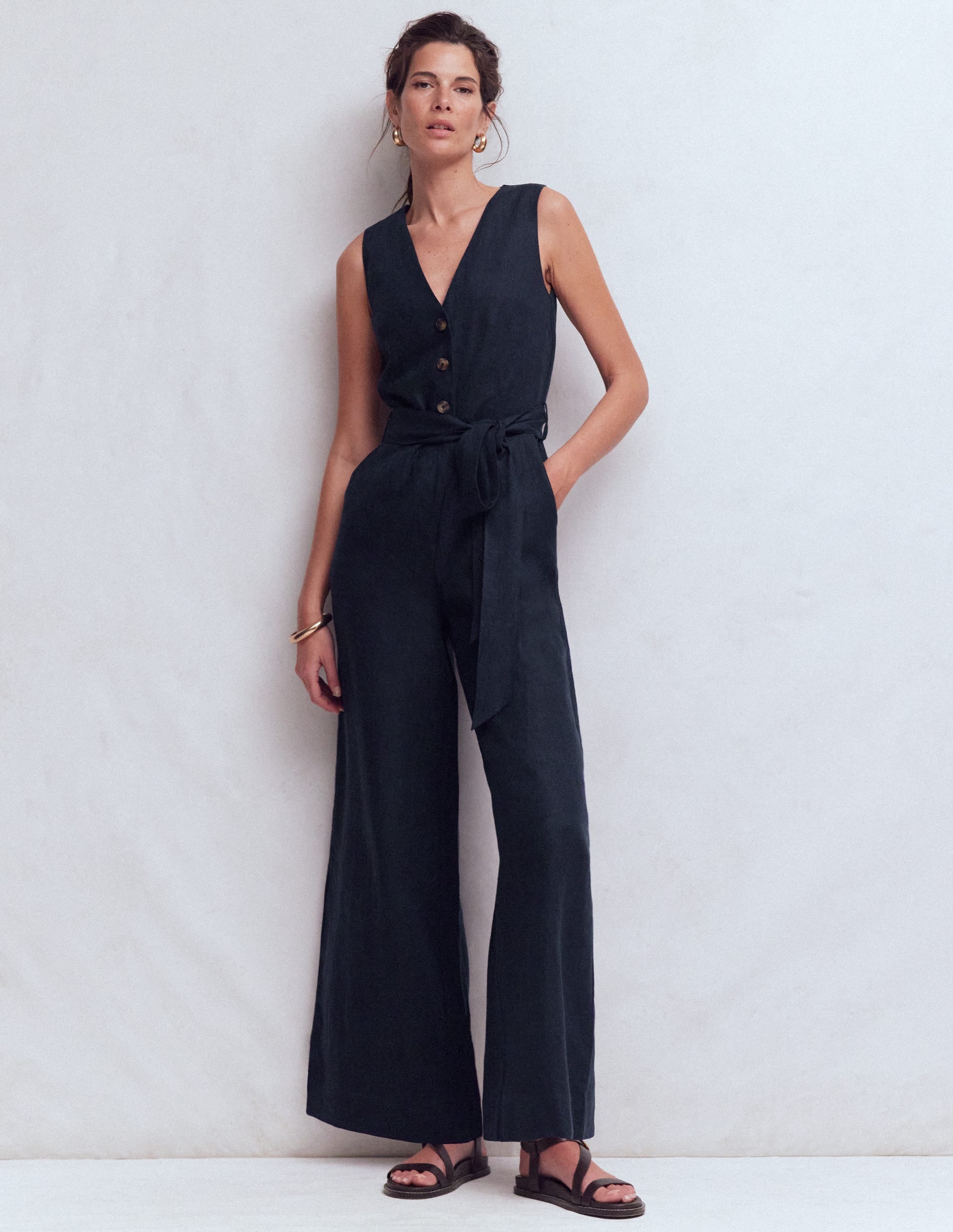 Laura V-neck Linen Jumpsuit-Navy - Image 1