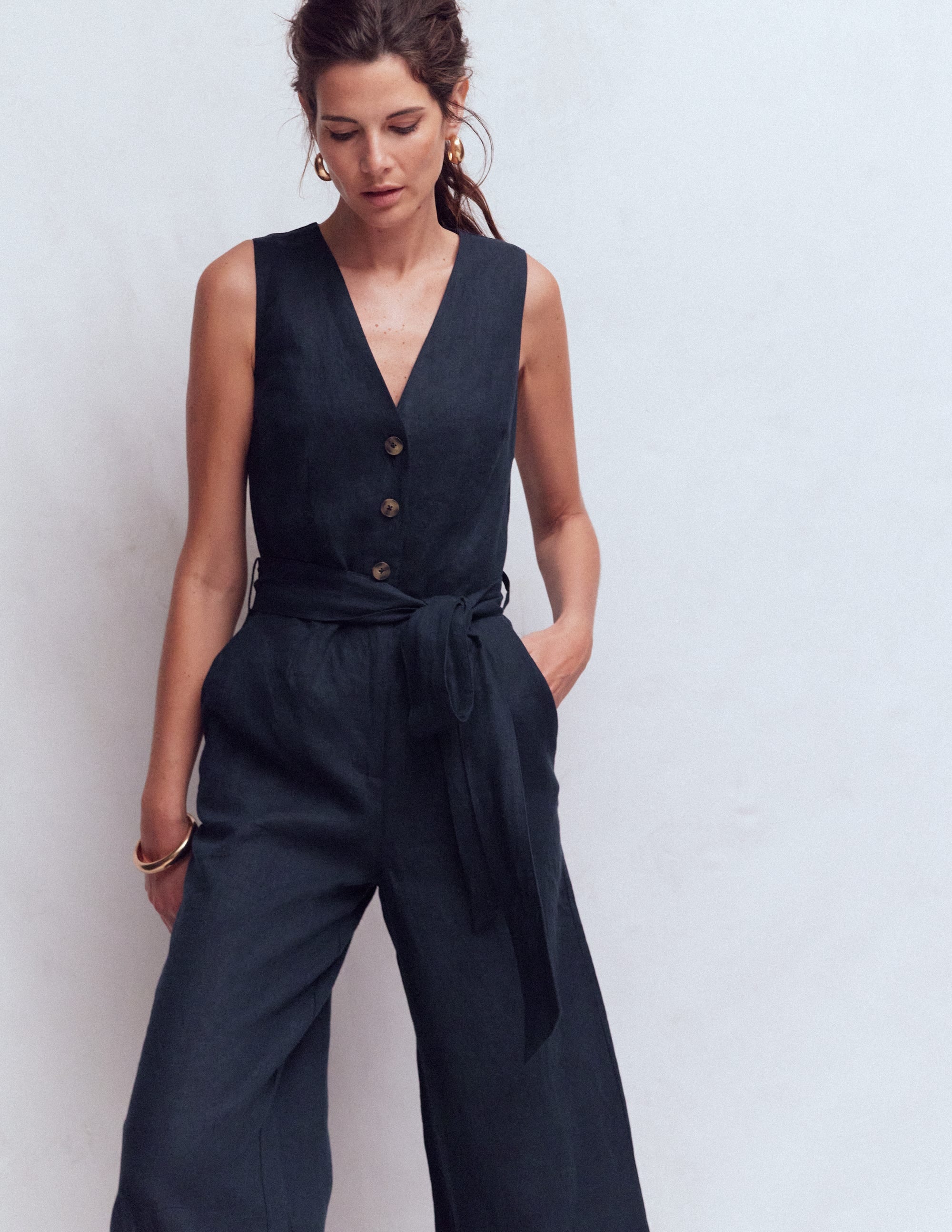 Laura V-neck Linen Jumpsuit-Navy - Image 4