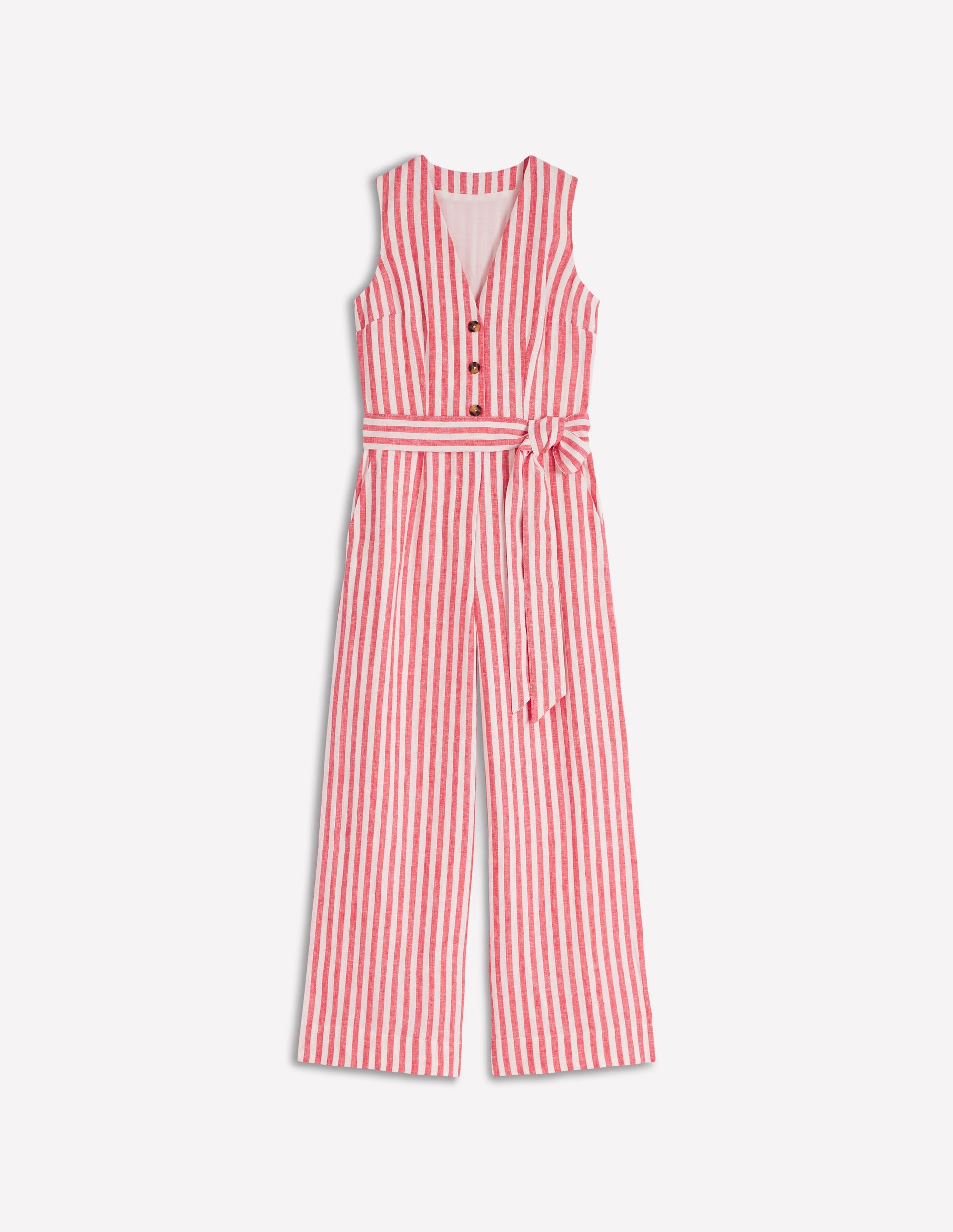 Laura V-neck Linen Jumpsuit-Red, Ivory Stripe-7