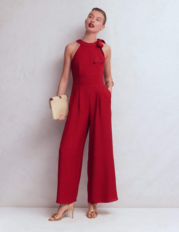 Tie Halter Neck Jumpsuit-Red Pear