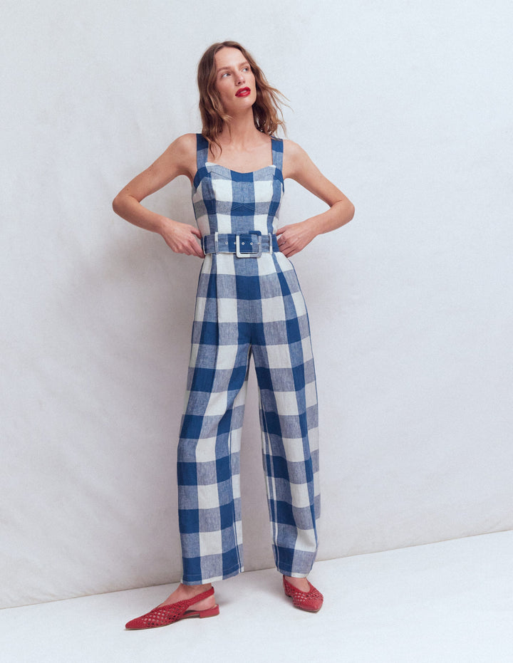 Panelled Bodice Linen Jumpsuit-Denim Blue Gingham