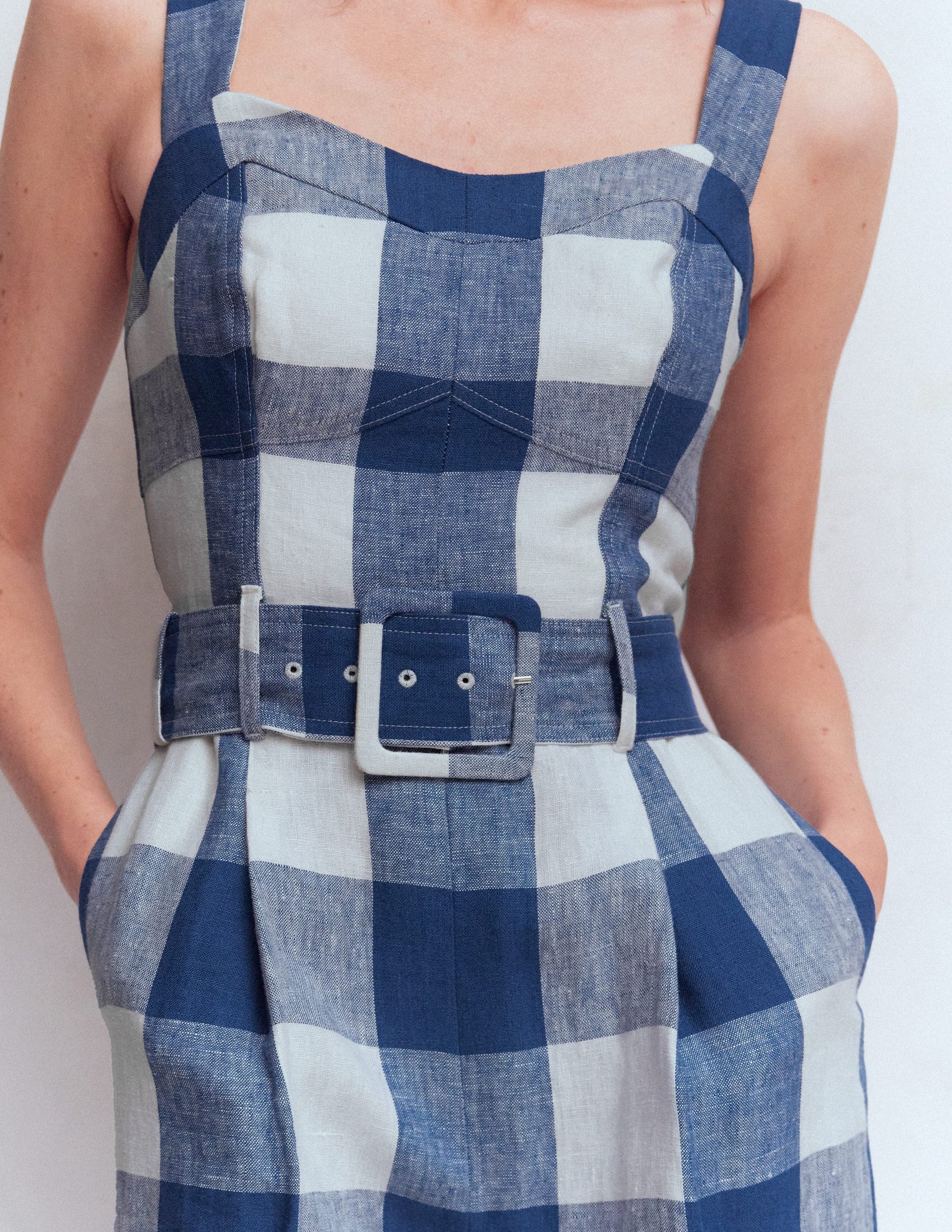 Panelled Bodice Linen Jumpsuit-Denim Blue Gingham-2