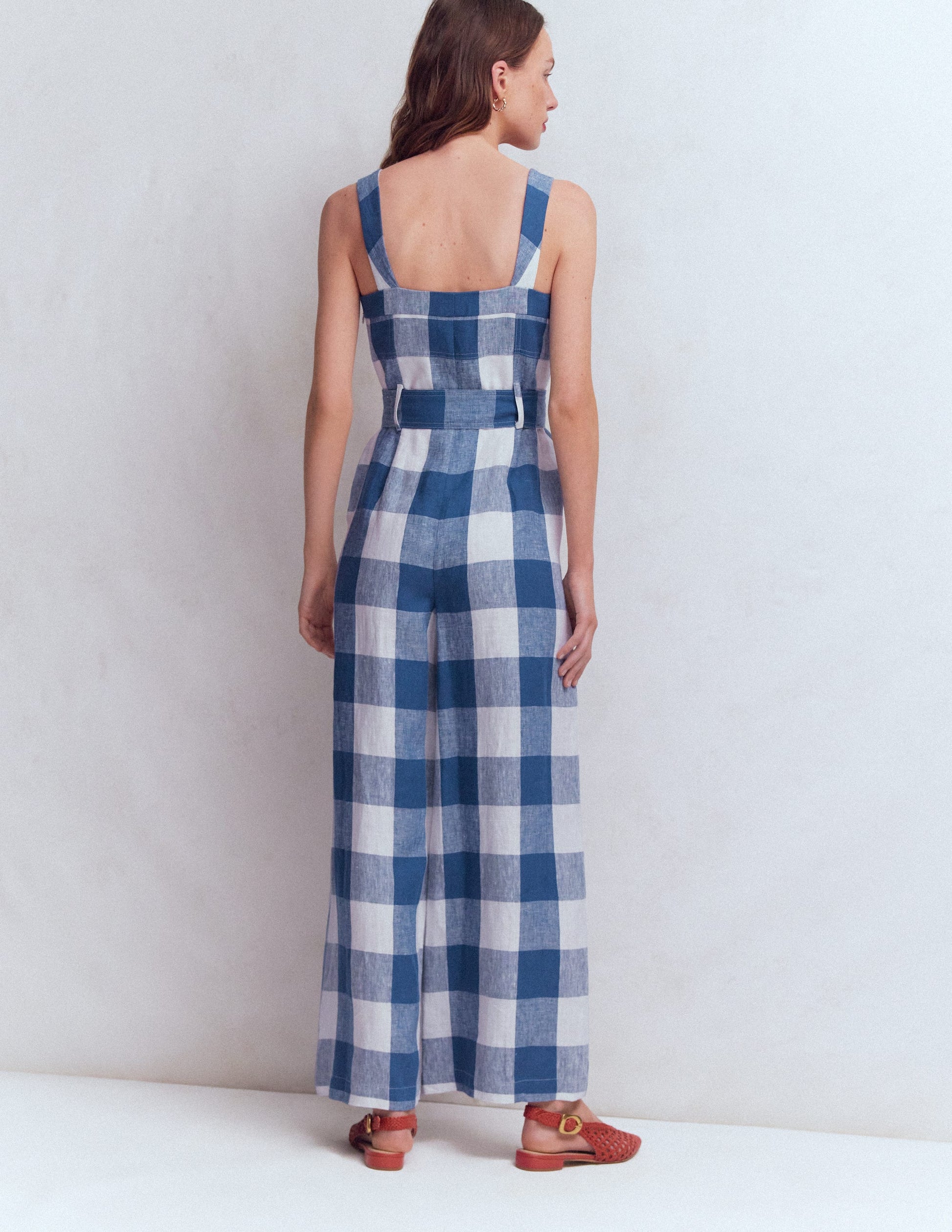 Panelled Bodice Linen Jumpsuit-Denim Blue Gingham-3