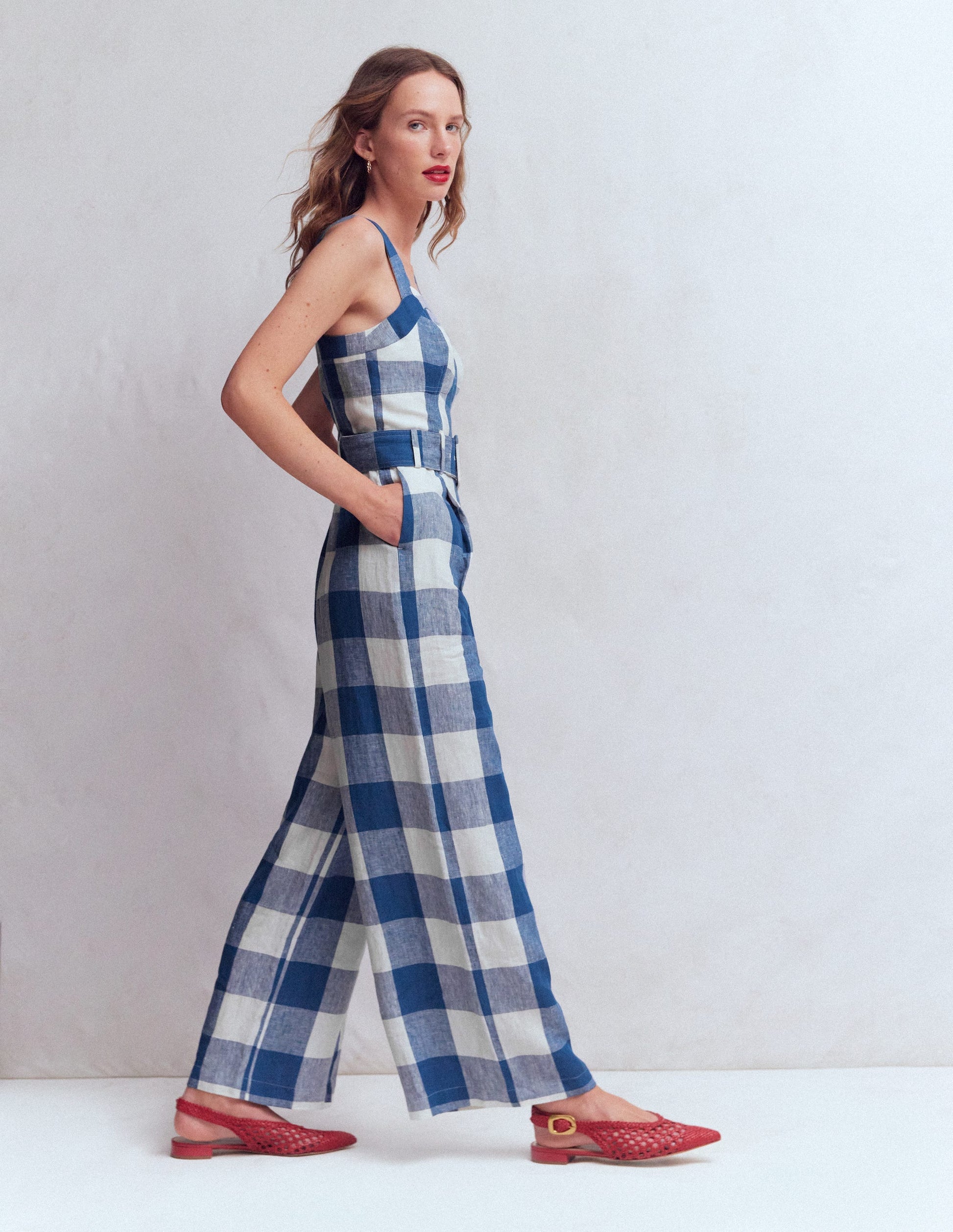 Panelled Bodice Linen Jumpsuit-Denim Blue Gingham-5