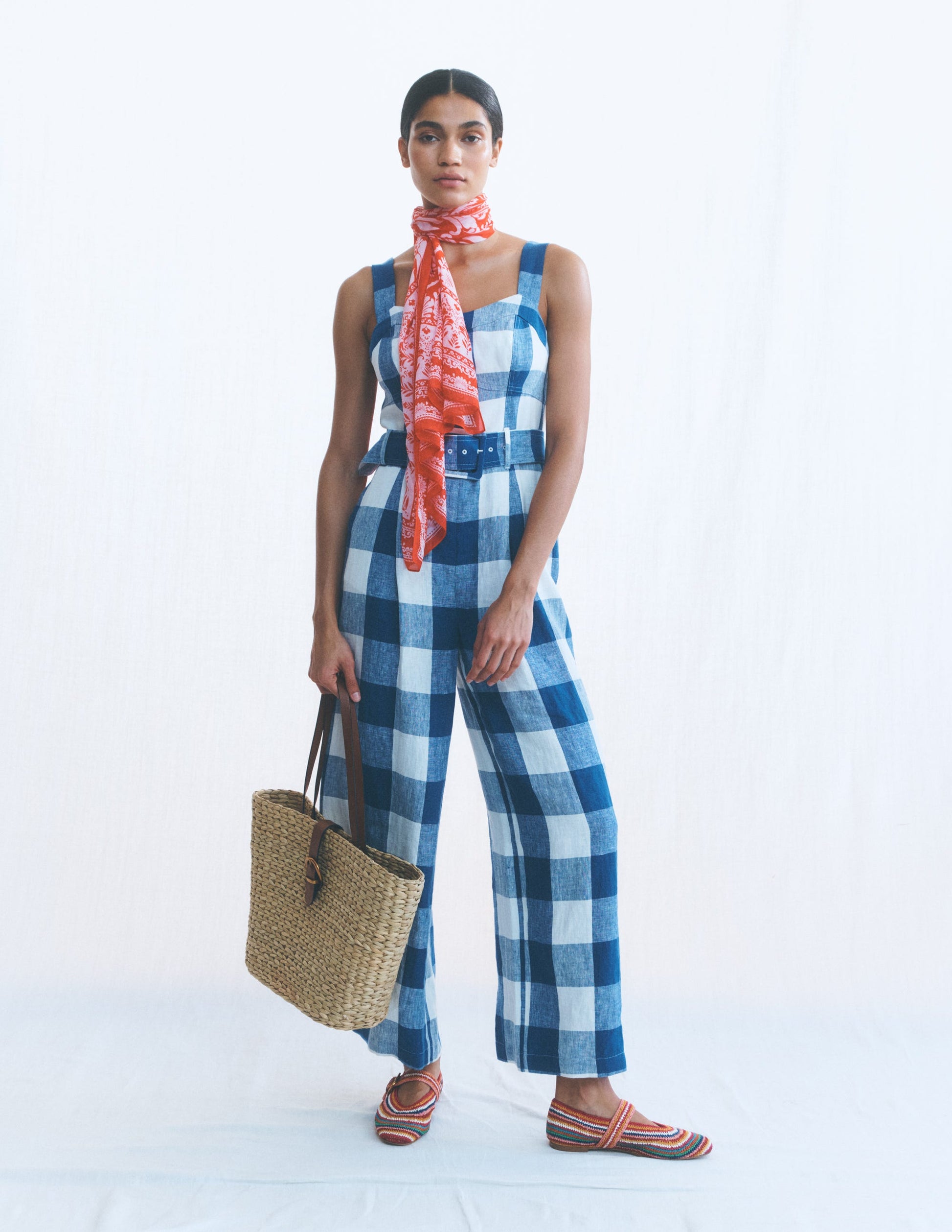 Panelled Bodice Linen Jumpsuit-Denim Blue Gingham-7