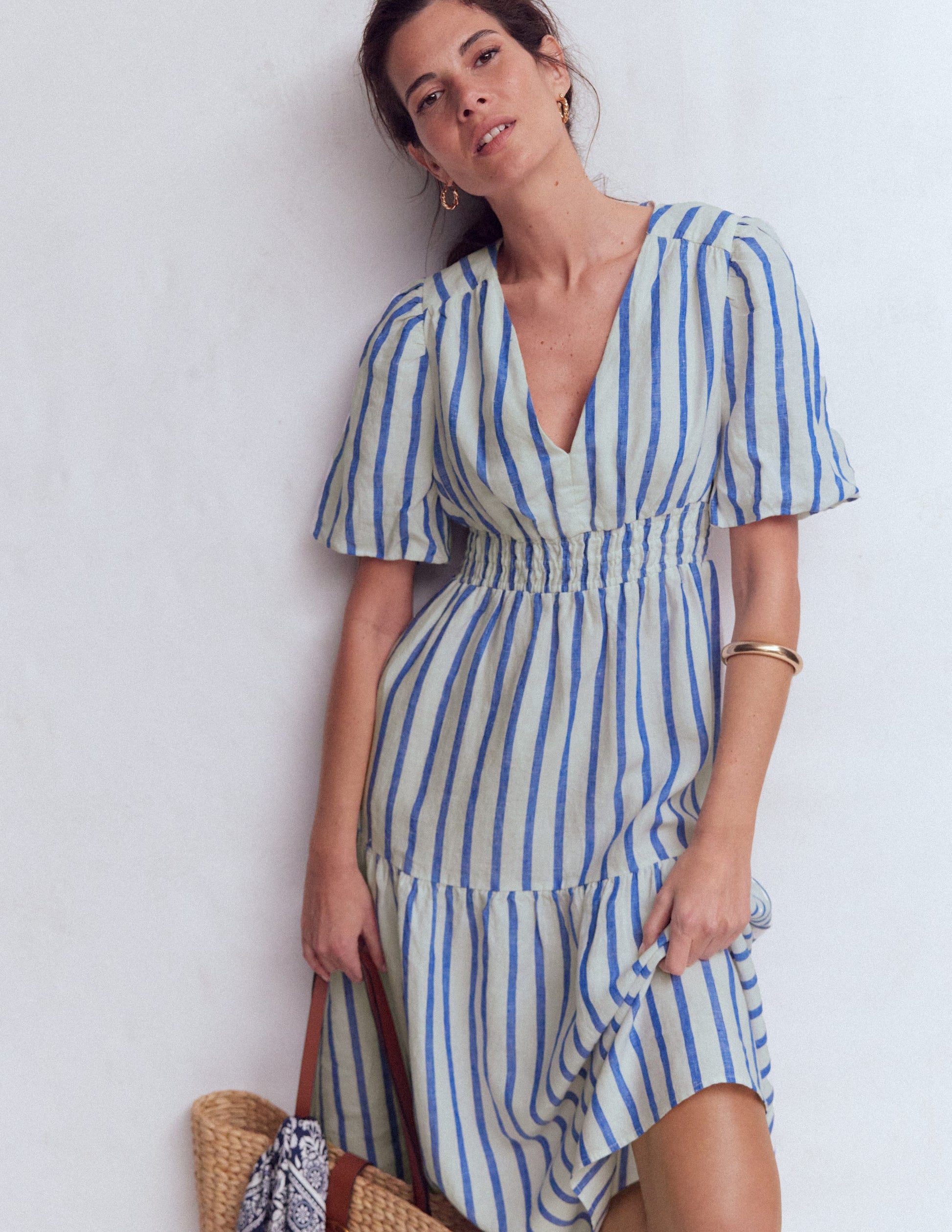 Irene Linen Midi Dress-Blue Stripe-1