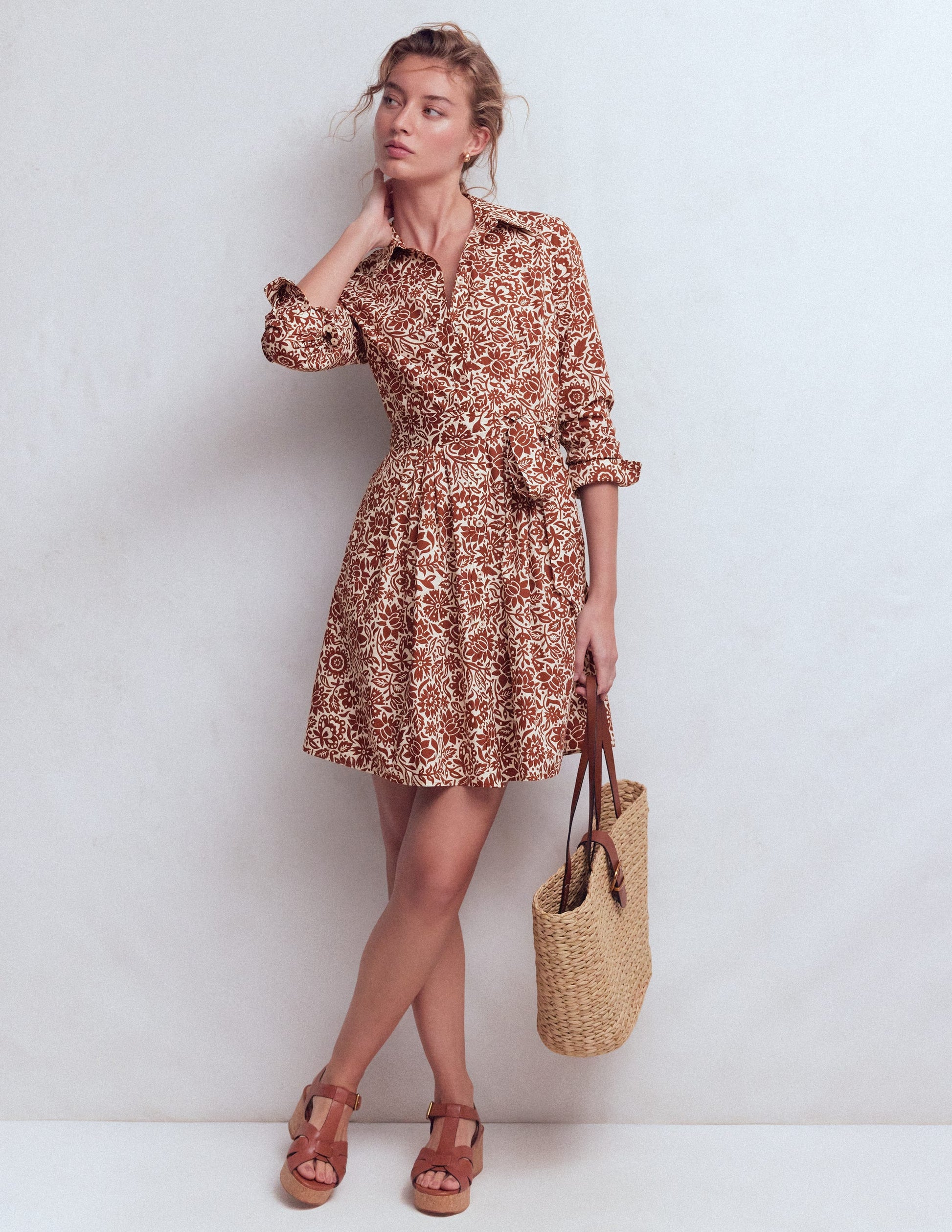 chinese dress ladies Alexa Long Sleeve Short Dress-Brown, Meadow Scatter