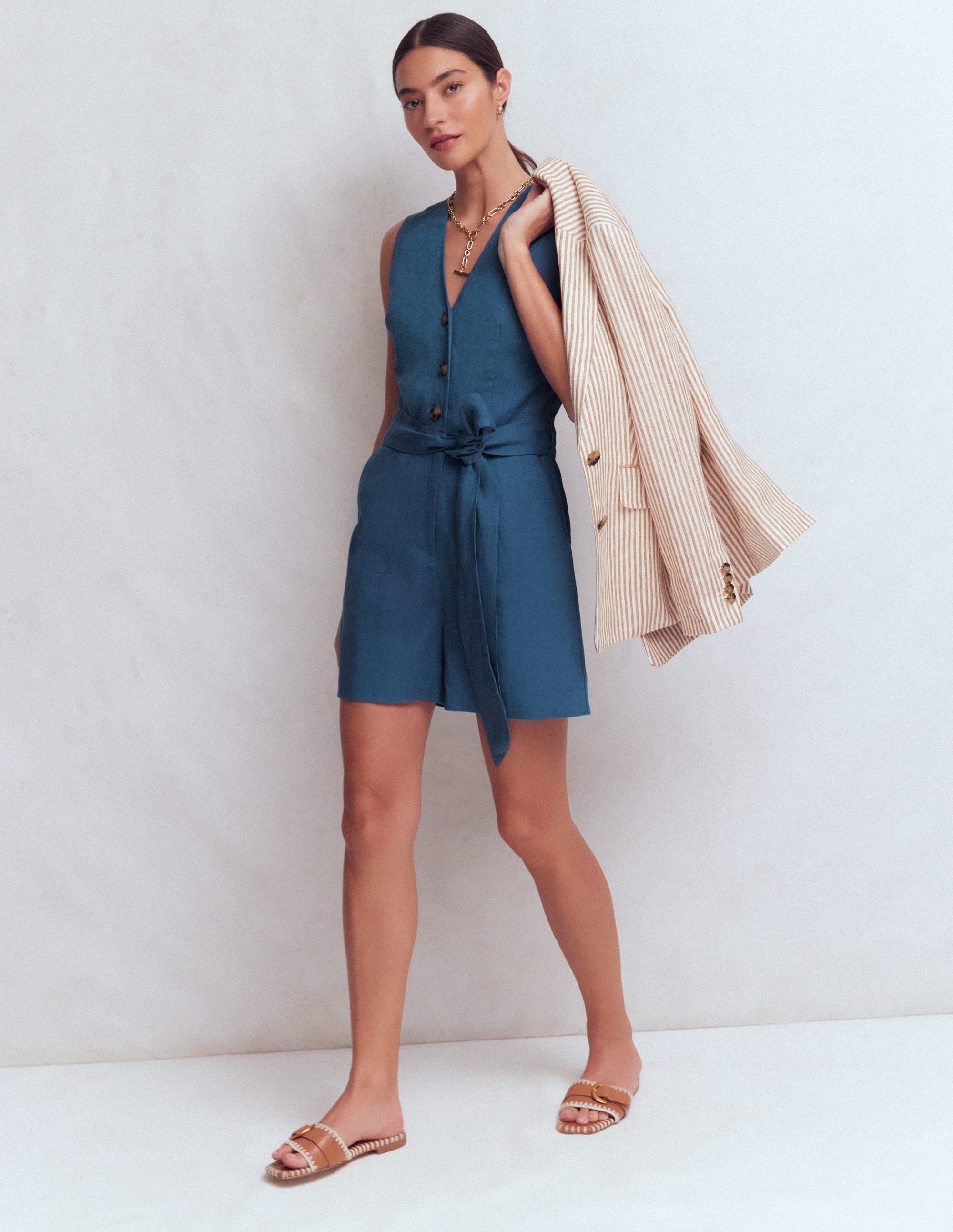 Laura V-neck Linen Playsuit-Tourmaline Blue - Image 1