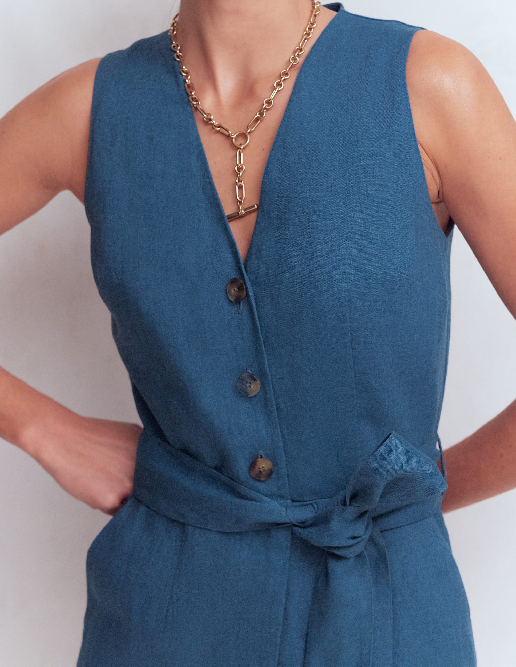 Laura V-neck Linen Playsuit-Tourmaline Blue - Image 2