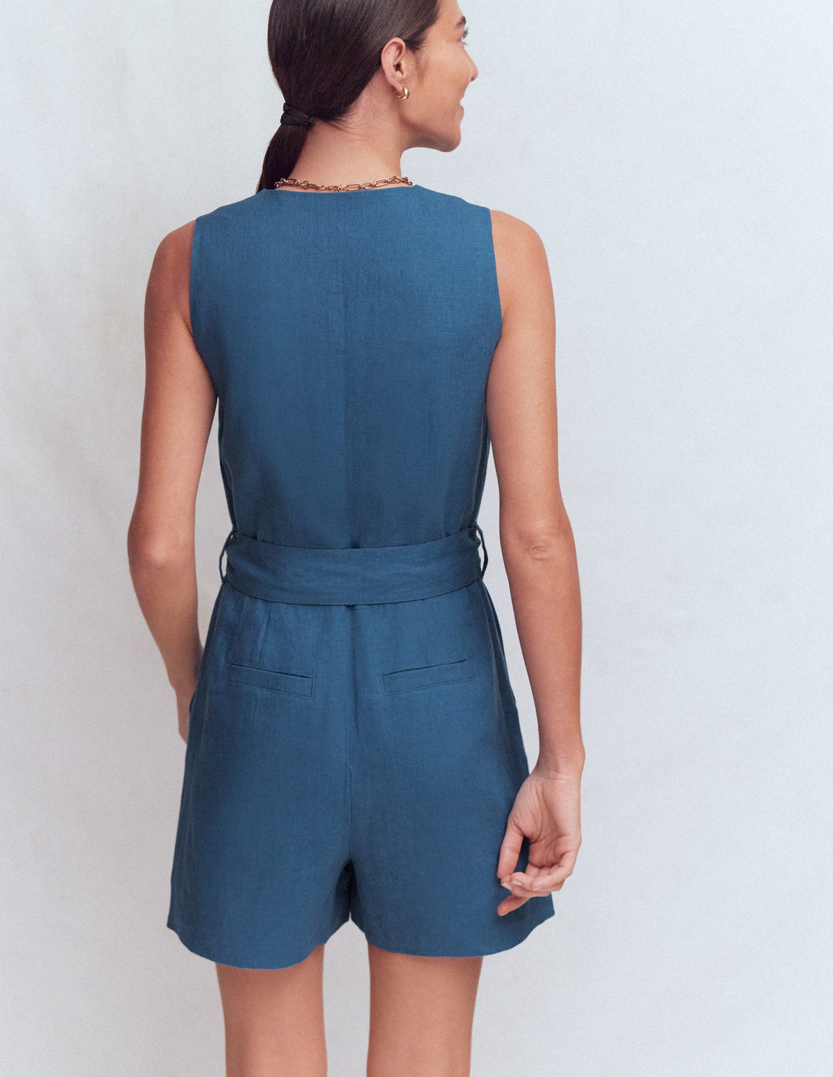 Laura V-neck Linen Playsuit-Tourmaline Blue - Image 3