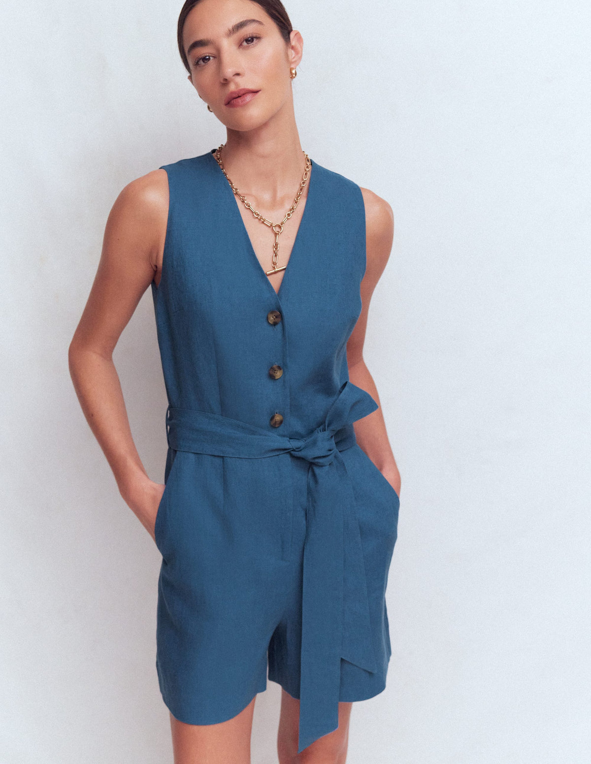 Laura V-neck Linen Playsuit-Tourmaline Blue - Image 4