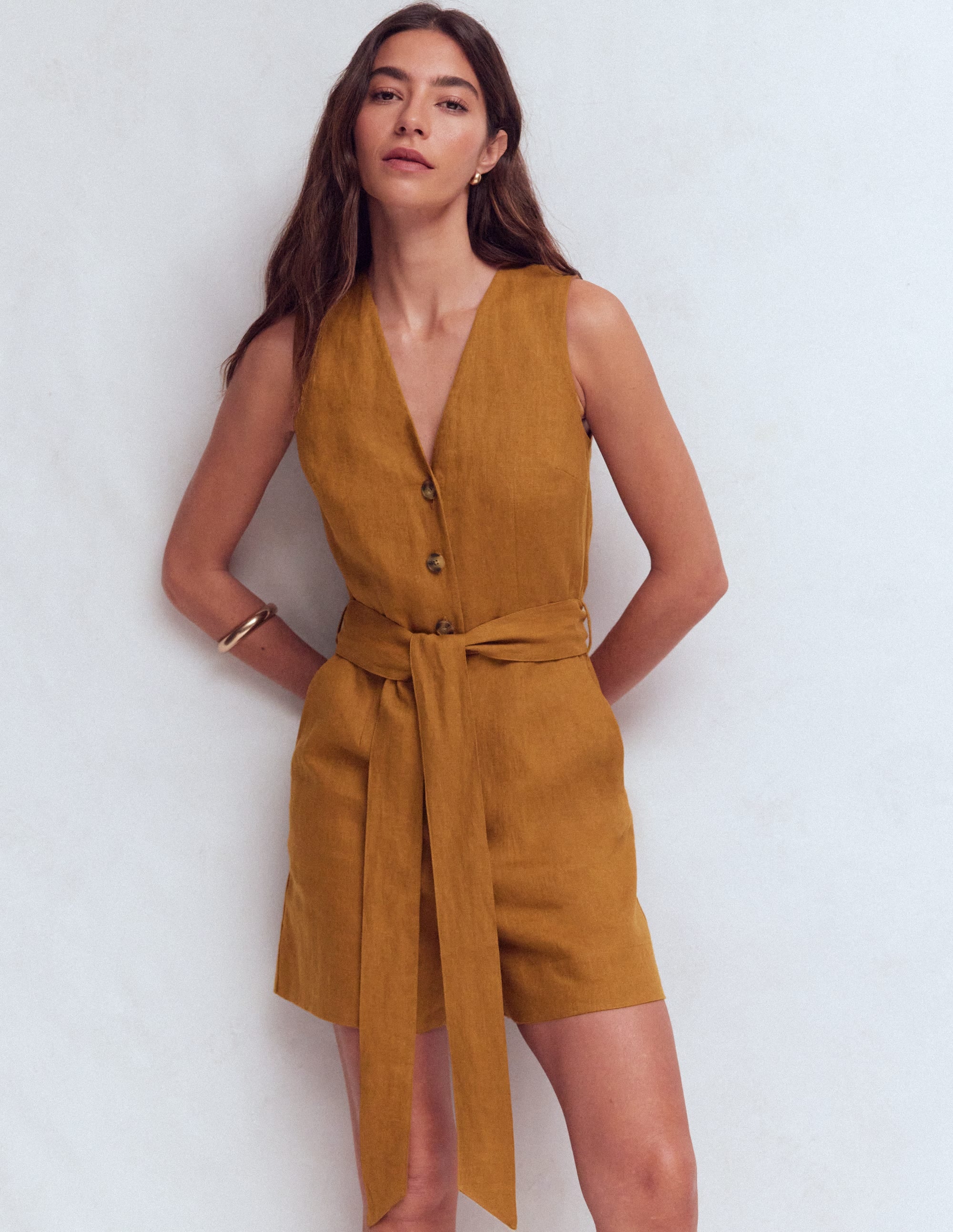 Laura V-neck Linen Playsuit-Gingerbread - Image 1
