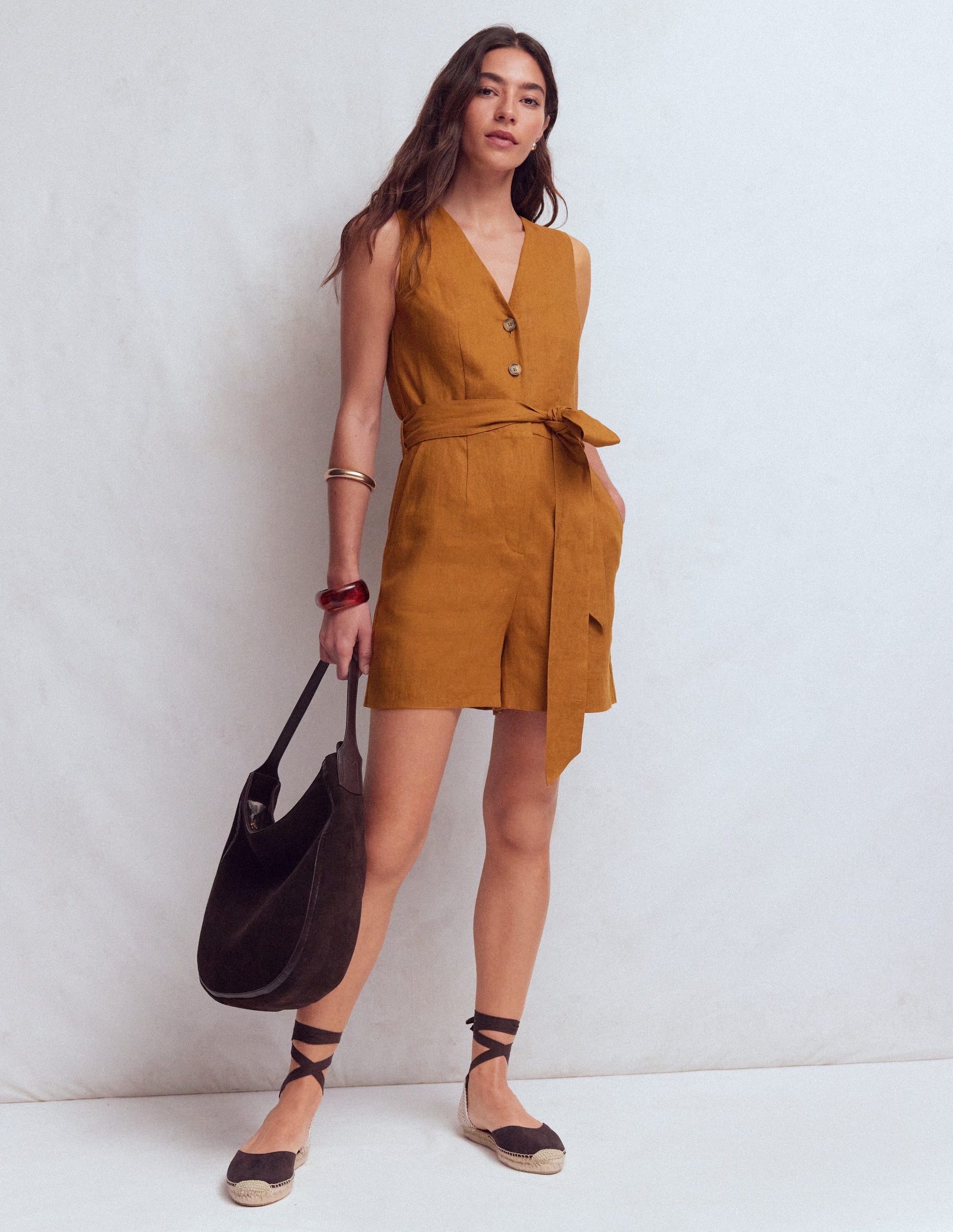 Laura V-neck Linen Playsuit-Gingerbread-4