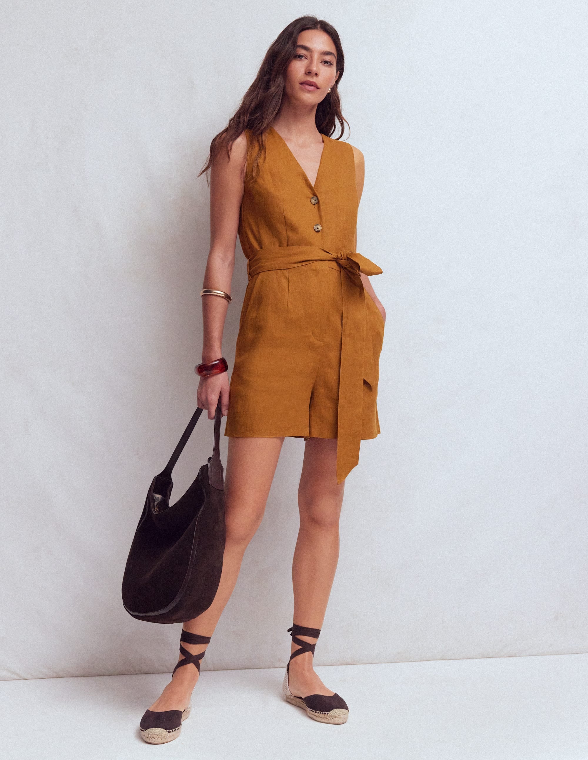 Laura V-neck Linen Playsuit-Gingerbread - Image 4
