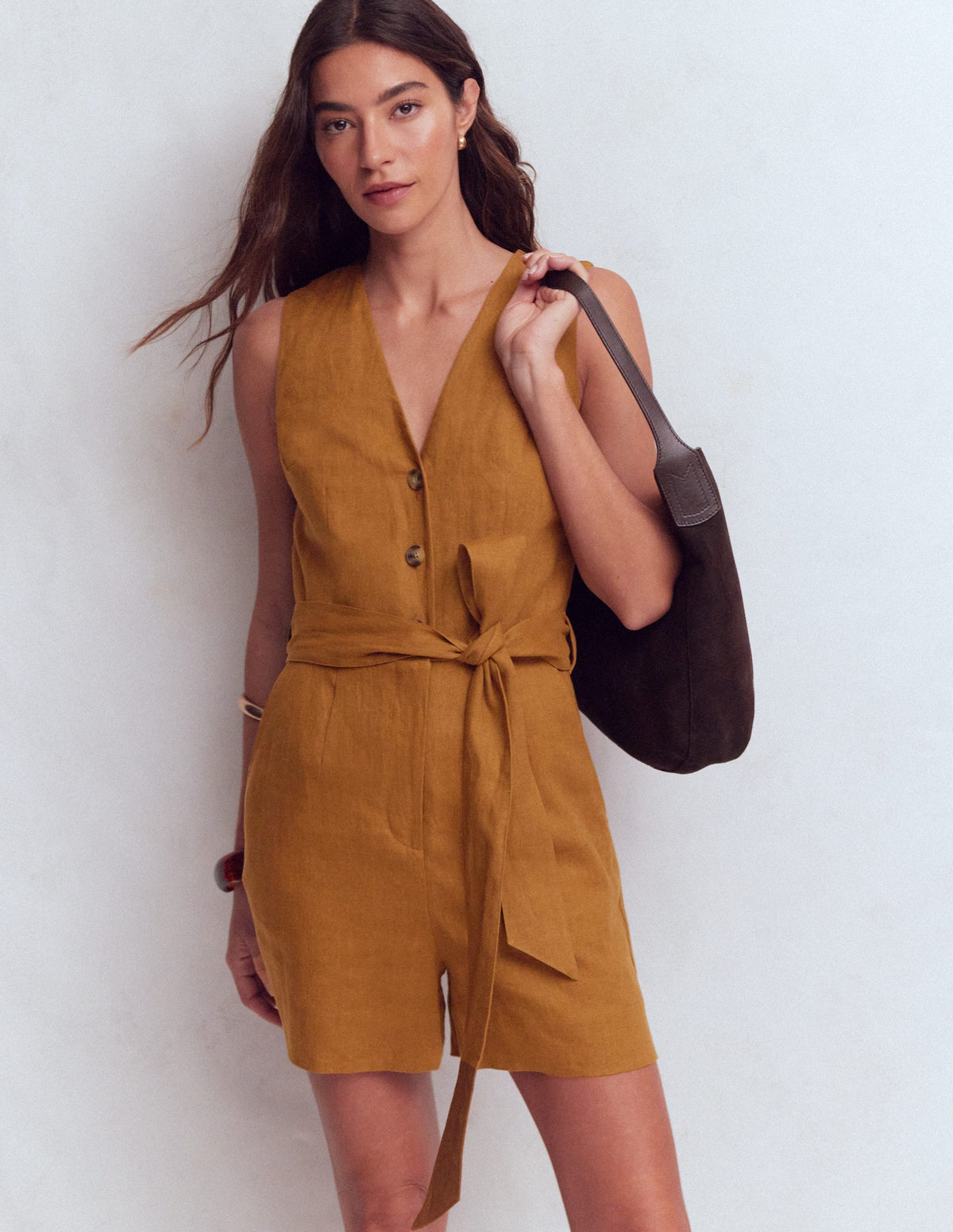 Laura V-neck Linen Playsuit-Gingerbread - Image 5
