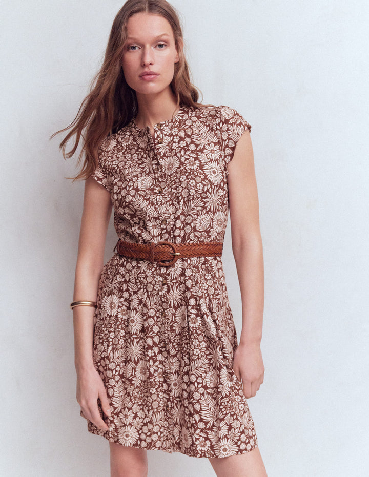 Arabella Short Linen Dress-Brown Flowerbed Bloom