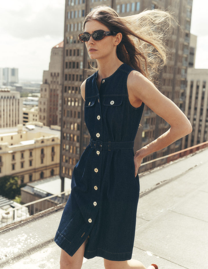 Short Gold Button Denim Dress-Indigo