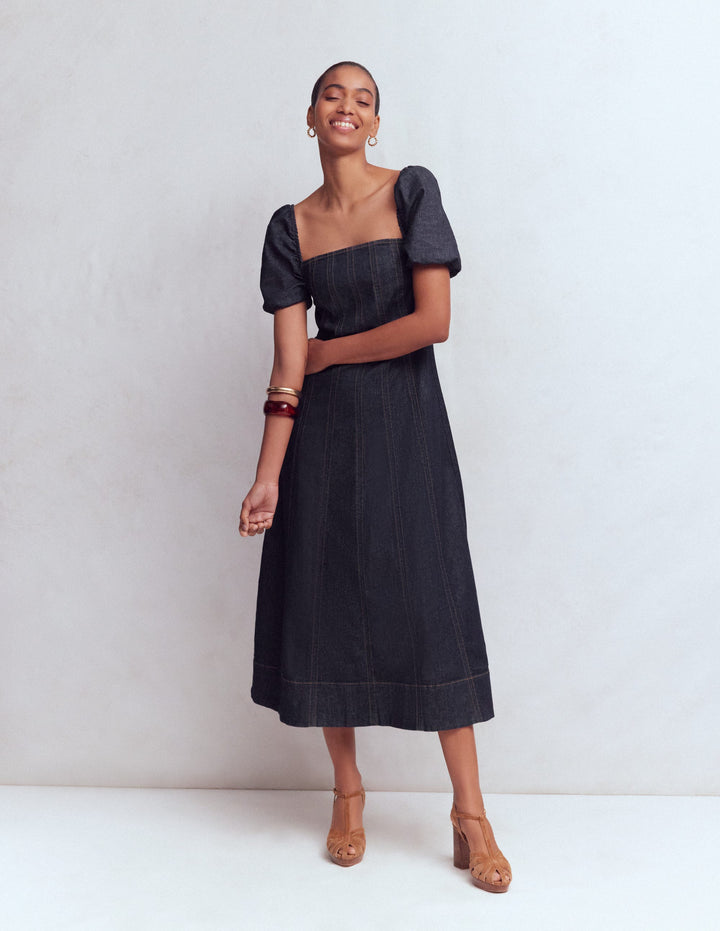 Puff Sleeve Denim Dress-Indigo