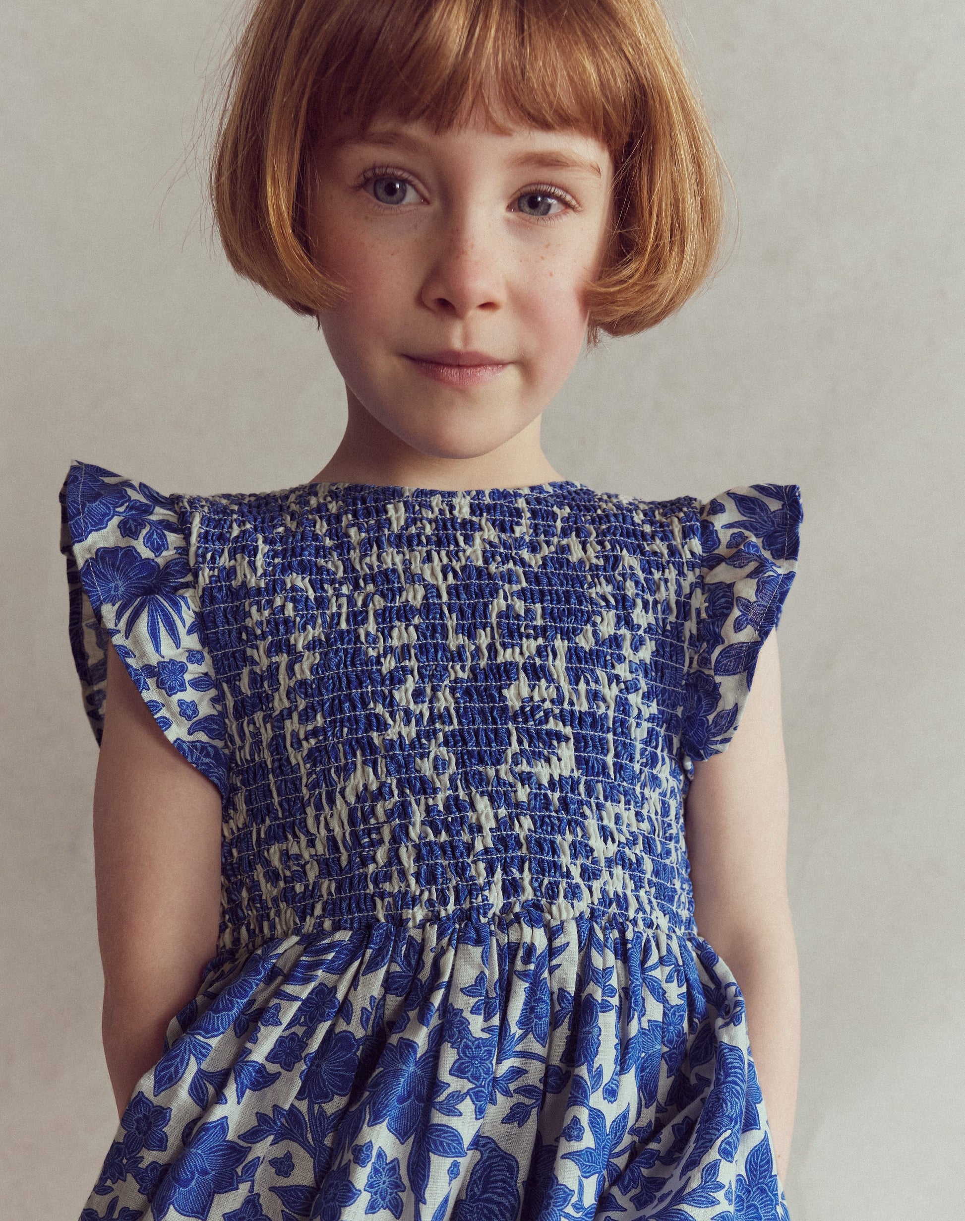 Bow Back Shirred Dress-Bright Blue Jungle Woodblock-1