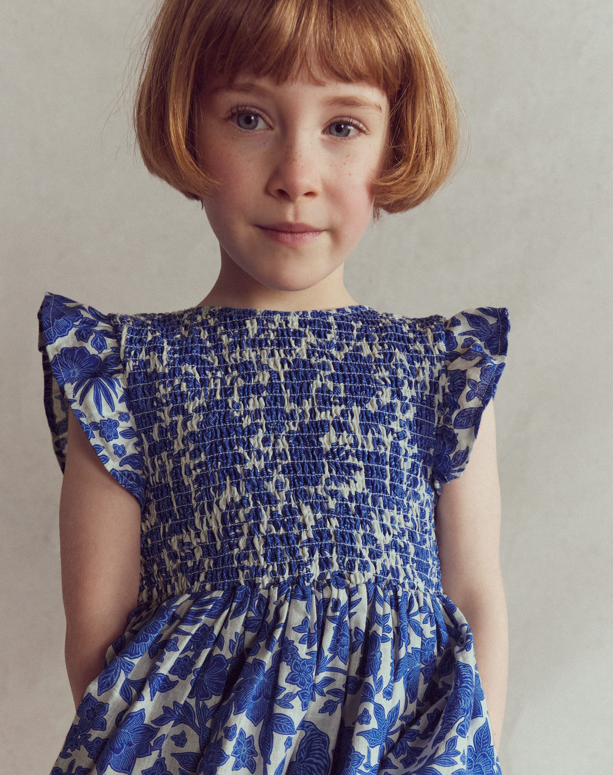 Bow Back Shirred Dress-Bright Blue Jungle Woodblock - Image 1