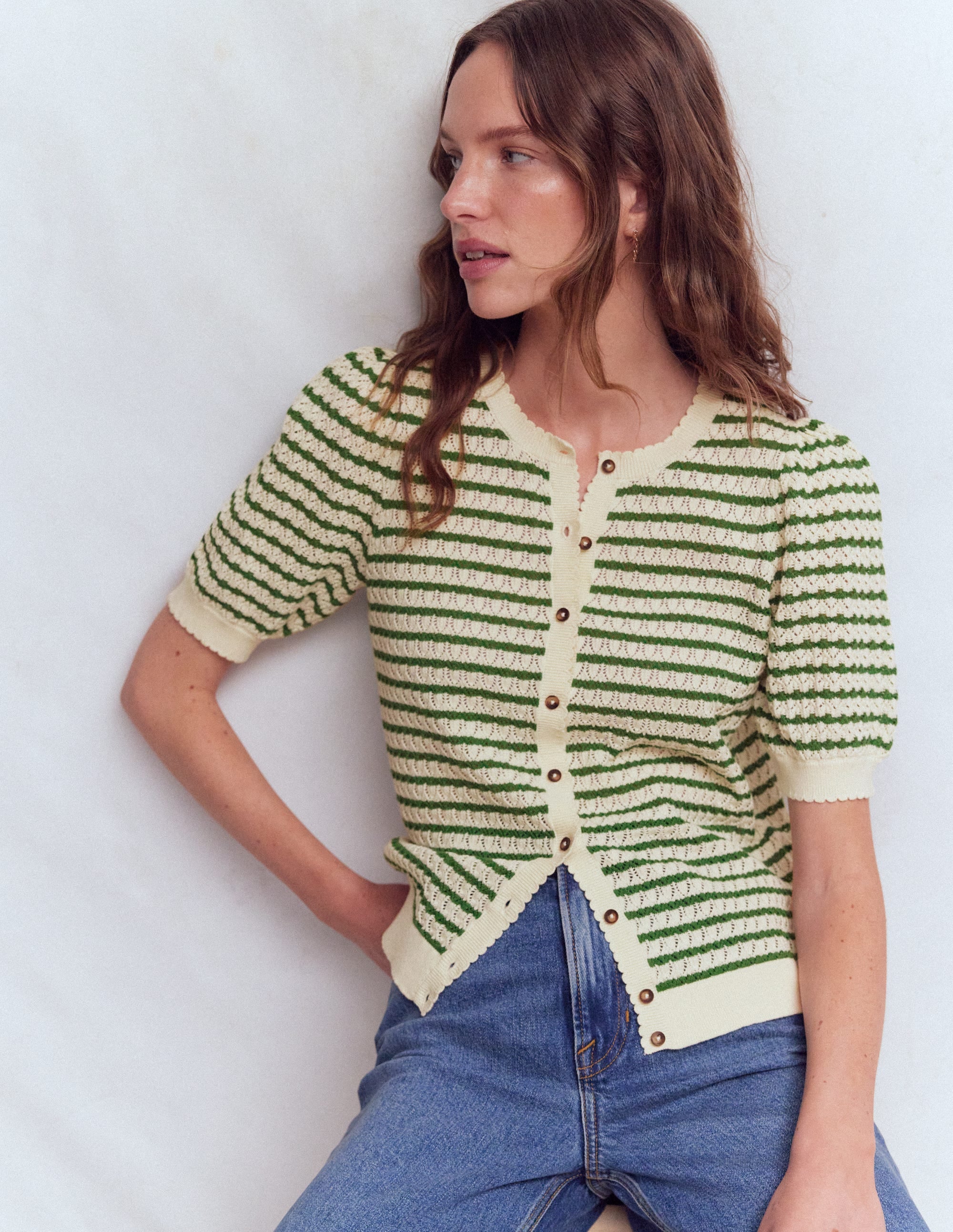 Dot Pointelle Cardigan-Green Stripe - Image 1