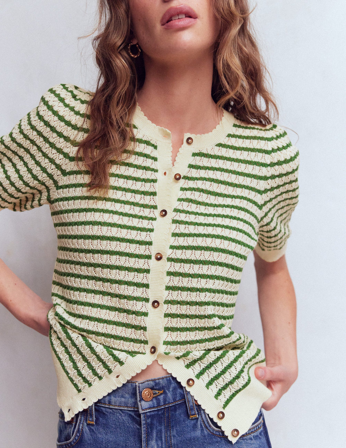 Dot Pointelle Cardigan-Green Stripe - Image 2