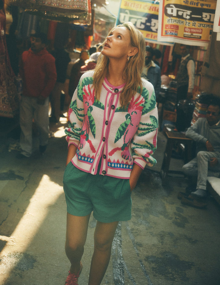 Abi Jacquard Cardigan-Warm Ivory, Palm Tree Birds