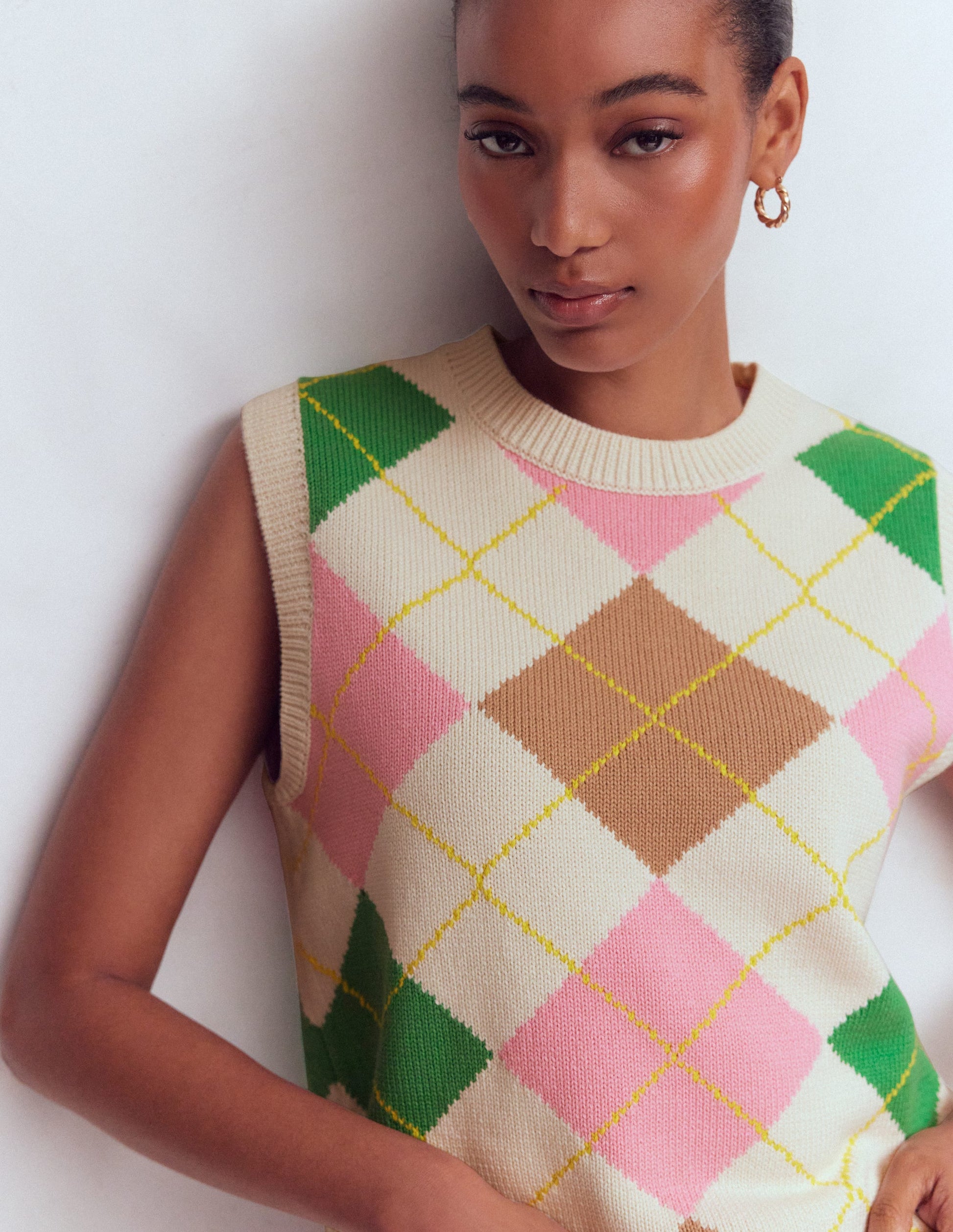 Lucy Cotton Tank-Green, Pink Argyle-3