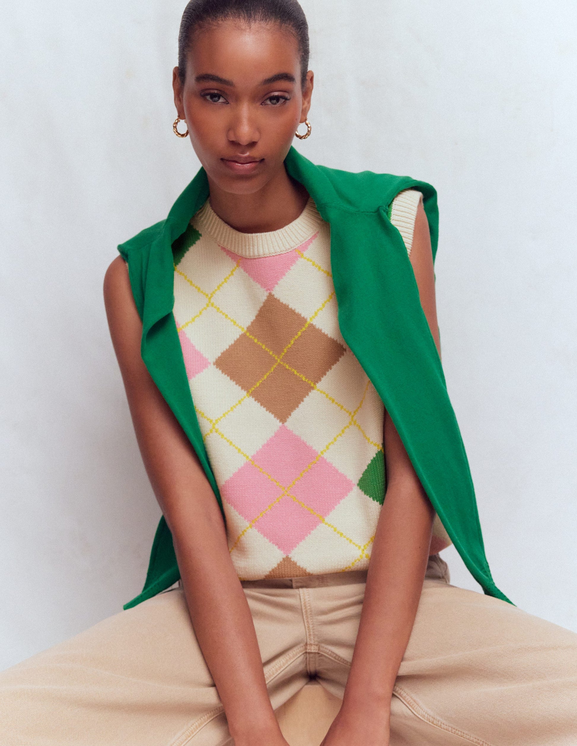 Lucy Cotton Tank-Green, Pink Argyle-5