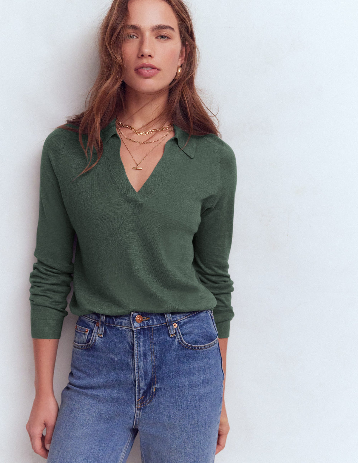Agnes Collared Linen Jumper-Green Jasper - Image 1