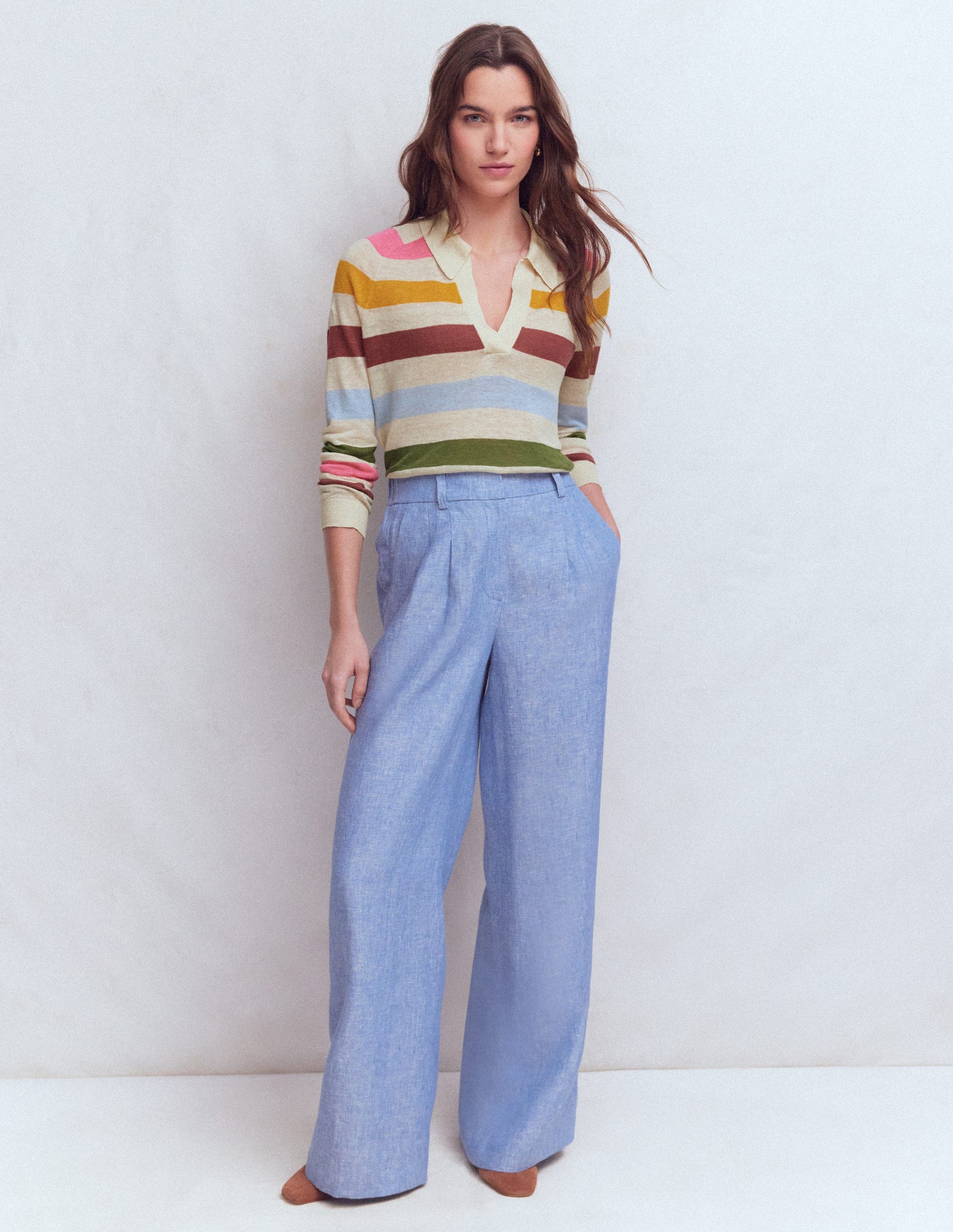 Agnes Collared Linen Jumper-Ivory, Pink, Green Multistripe-1