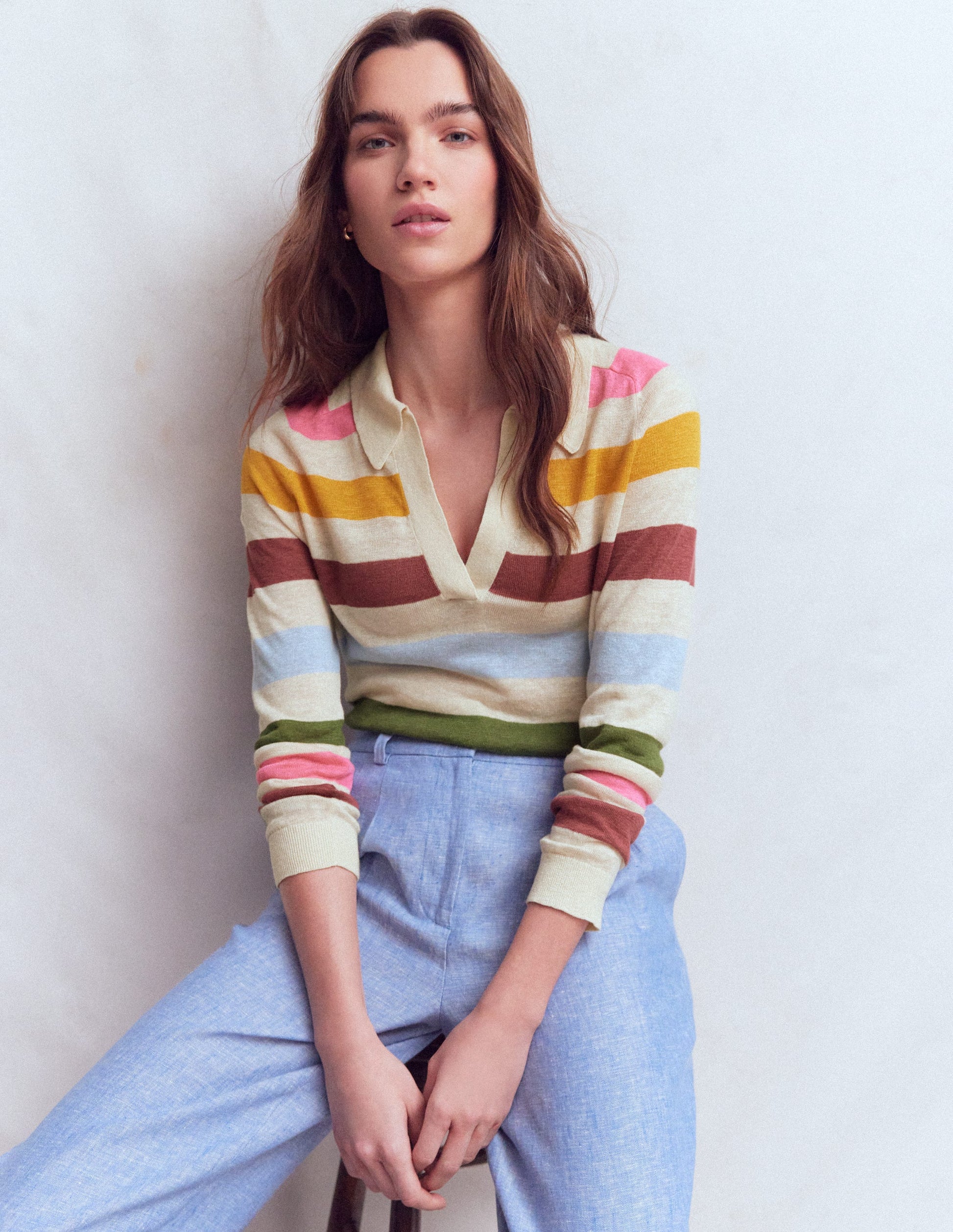 Agnes Collared Linen Jumper-Ivory, Pink, Green Multistripe-5