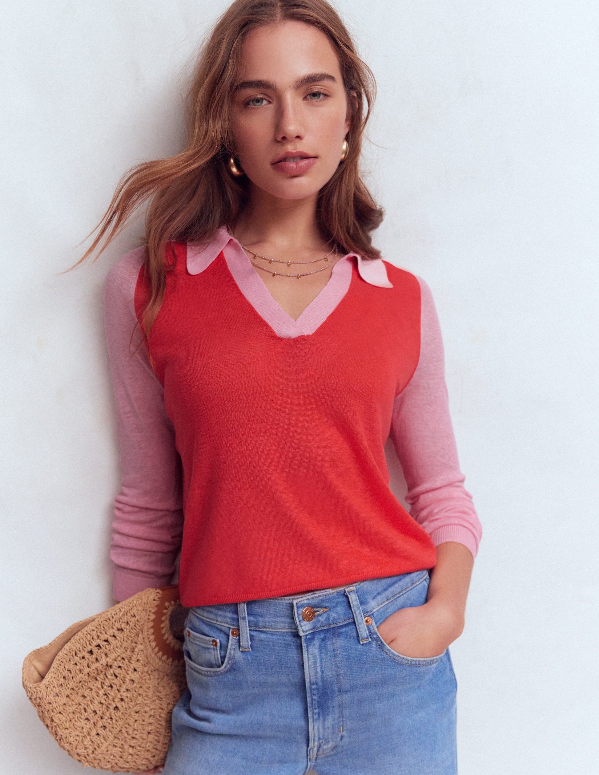 Agnes Collared Linen Jumper-Sunkissed Coral / Formica Pink-1